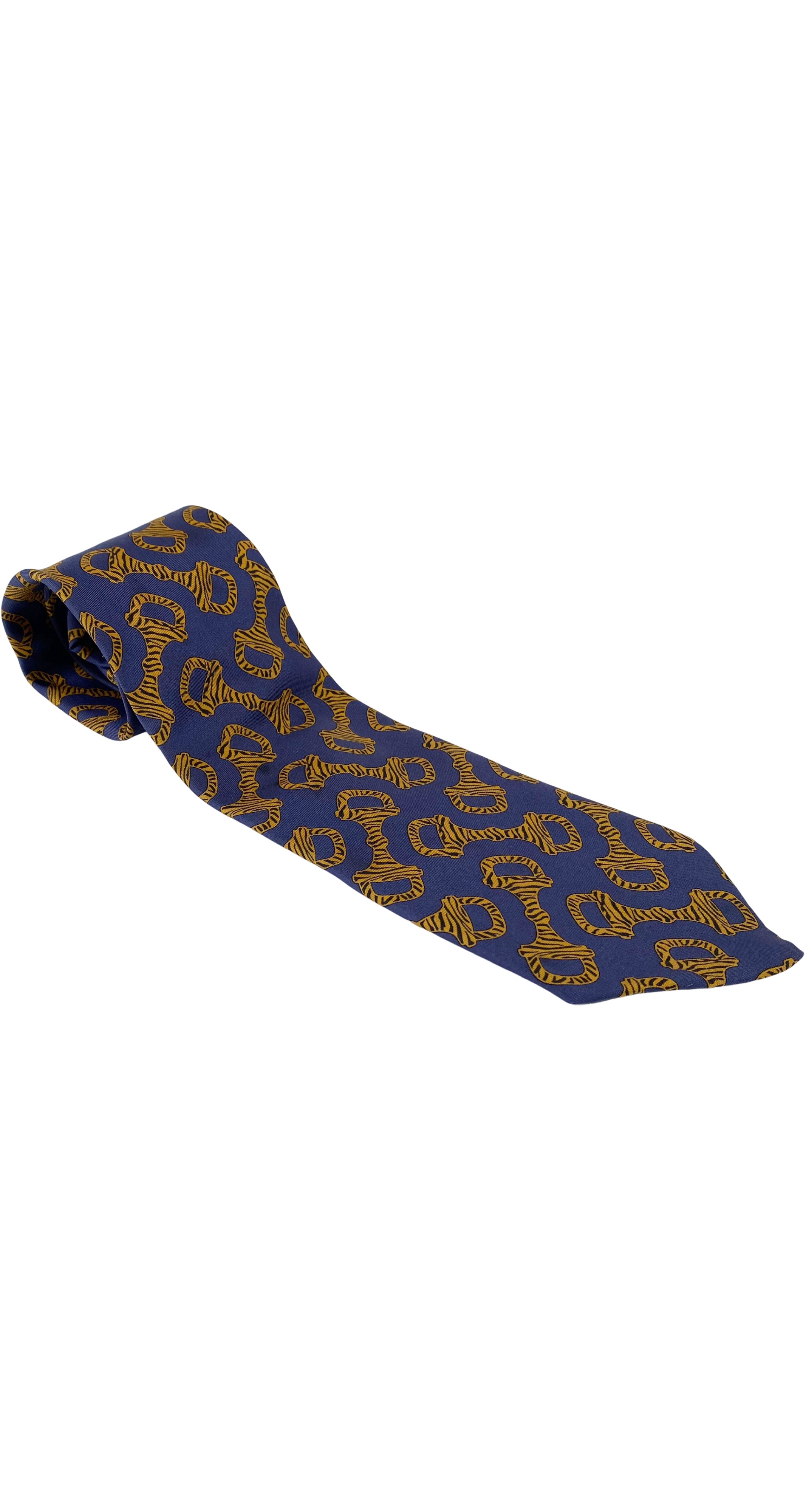 1990s Zebra Print Horsebit Blue Silk Twill Men's Tie