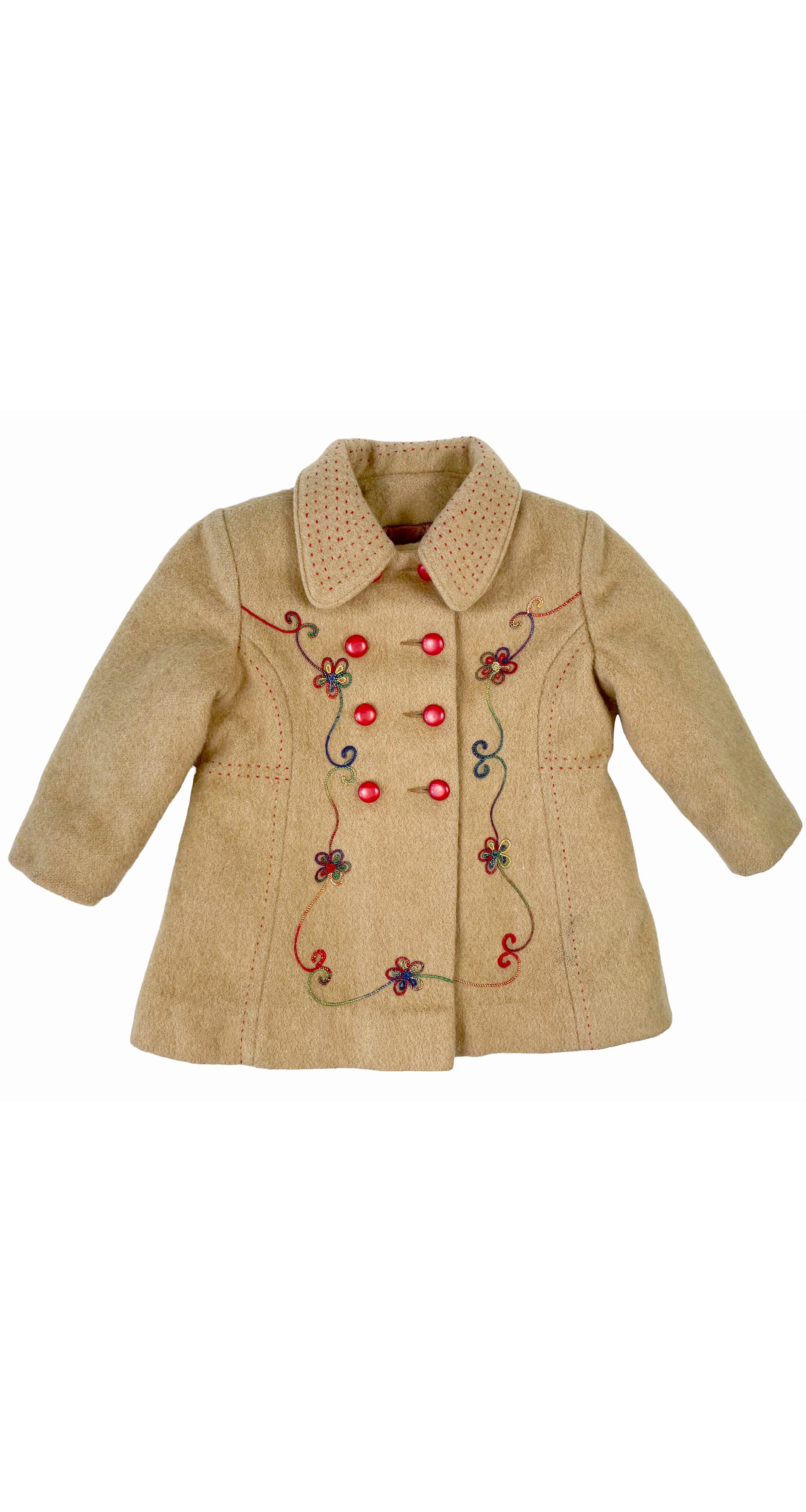1970s Kids' Embroidered Beige Wool Double-Breasted Coat