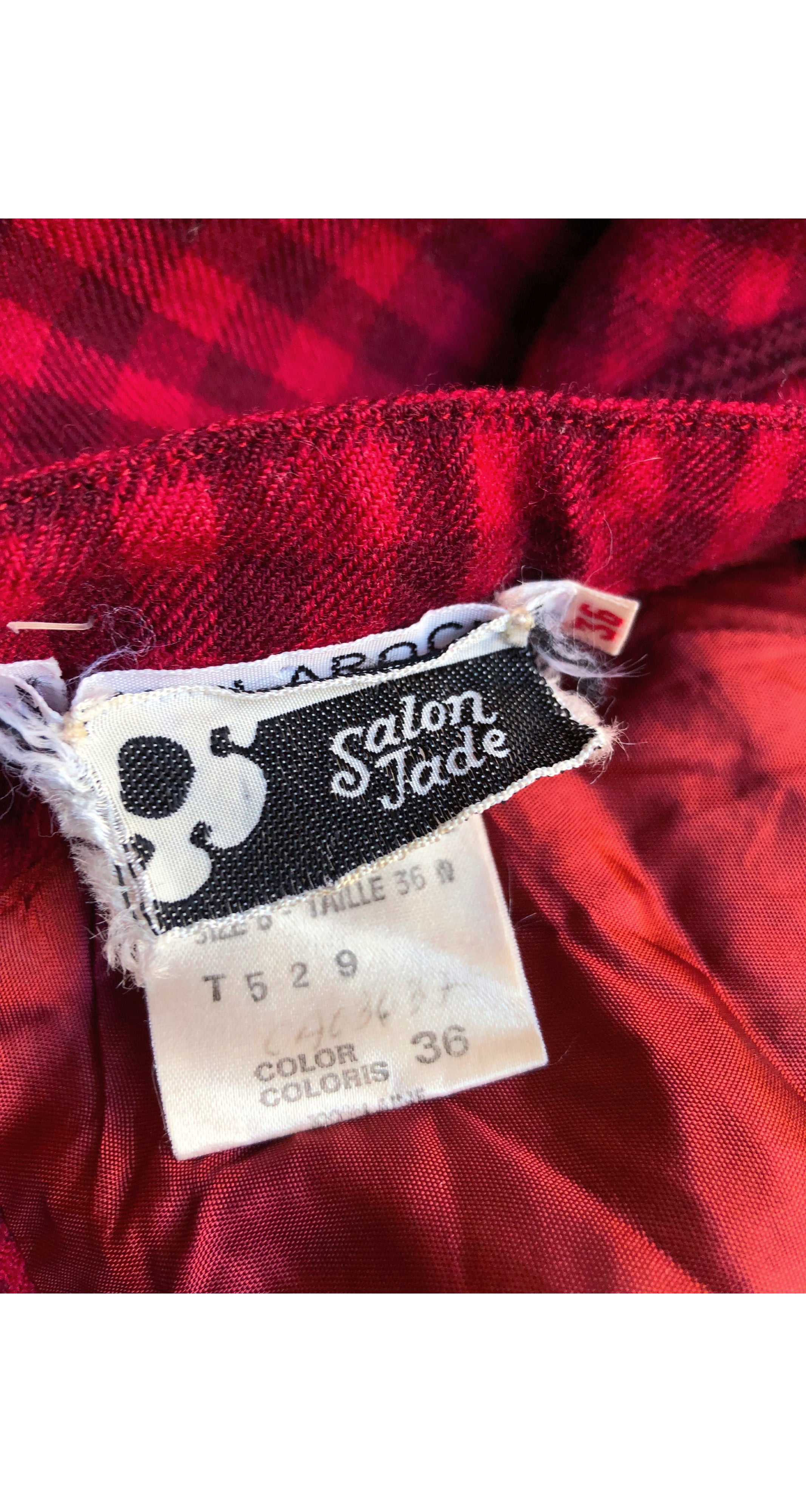 1980s Red Plaid Wool Empire Waist Pleated Dress