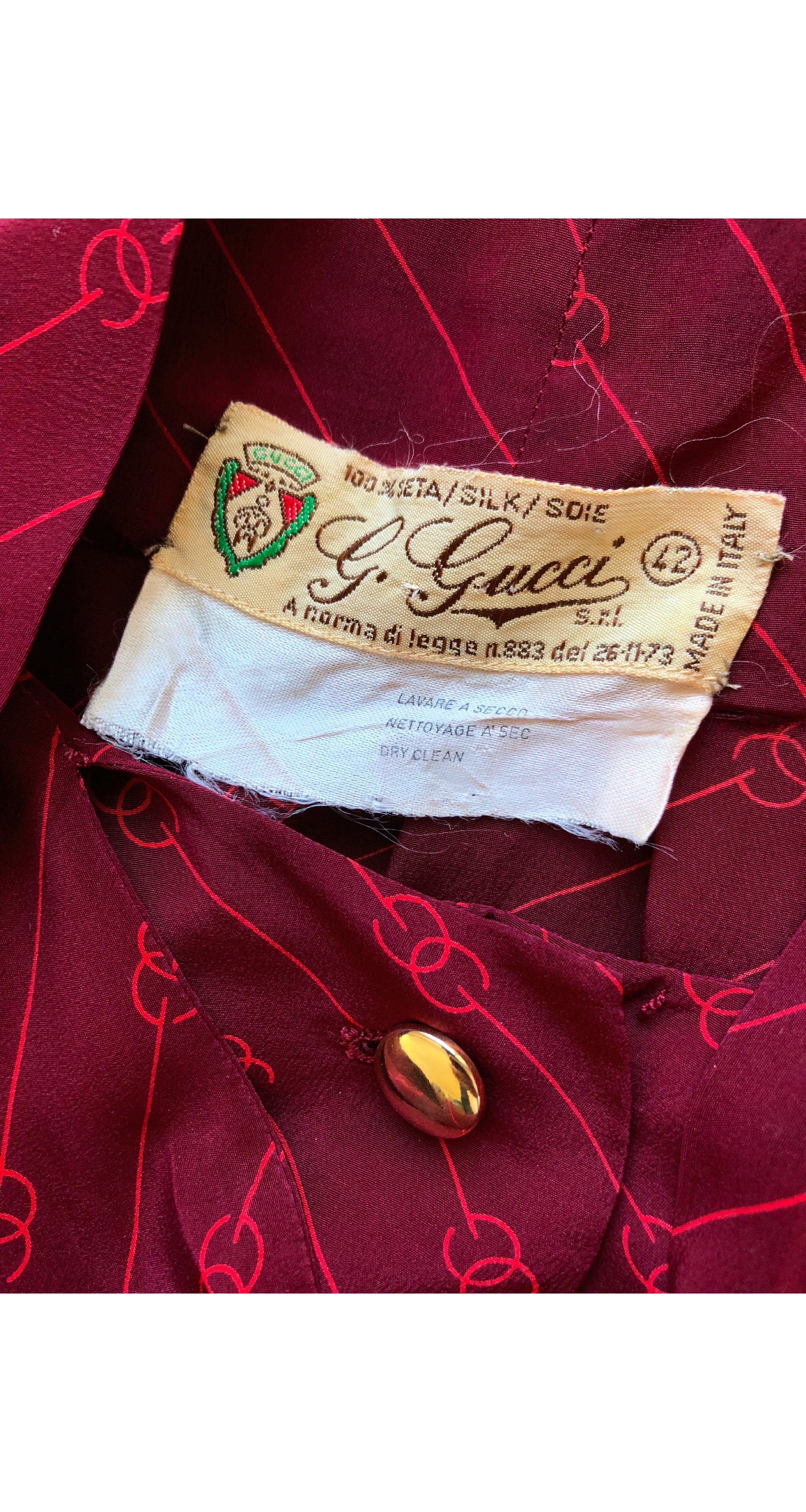 1970s GG Print Burgundy Silk Tie-Neck Blouse