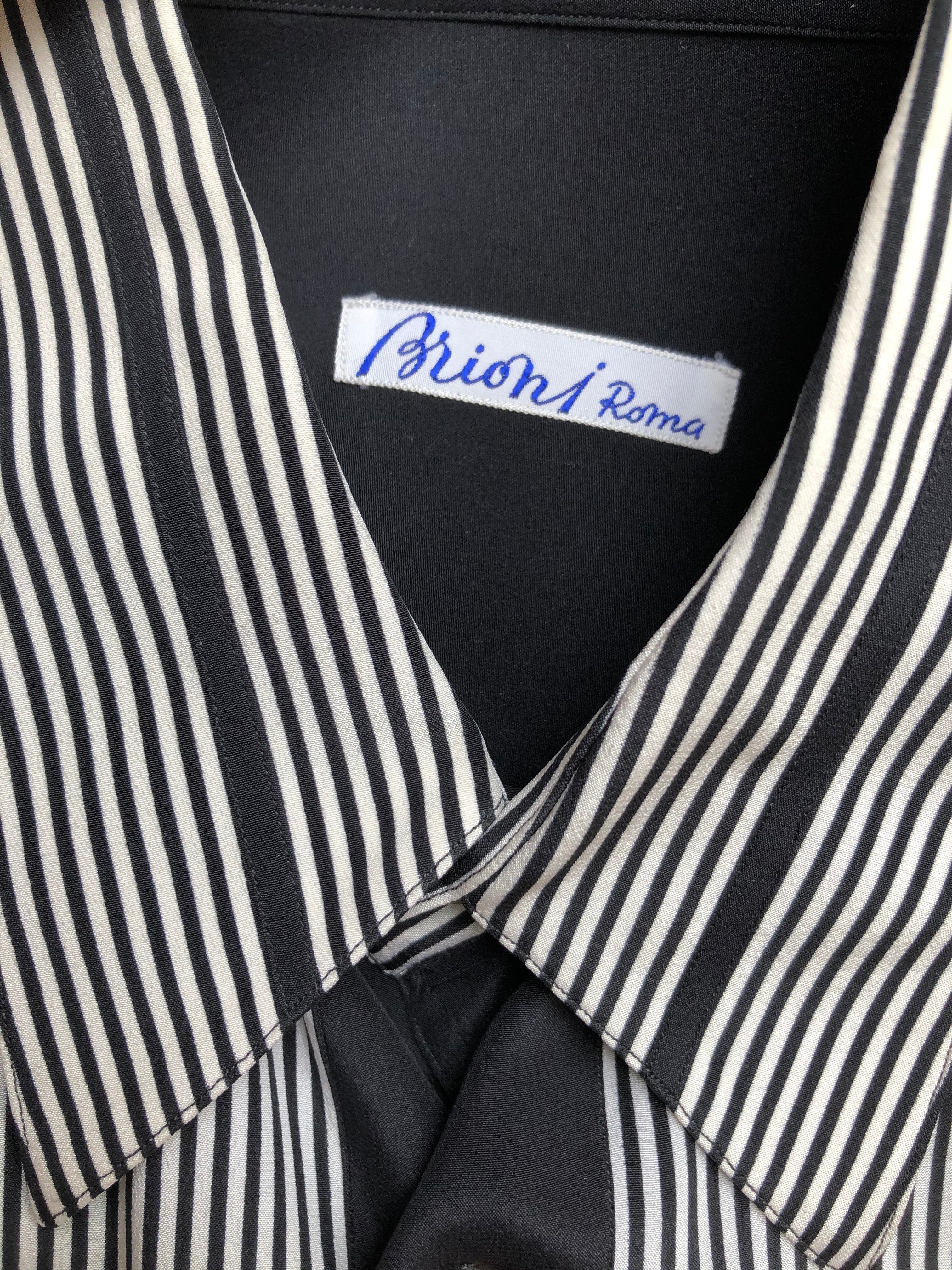 1980s Men's Black & White Striped Silk Collared Shirt