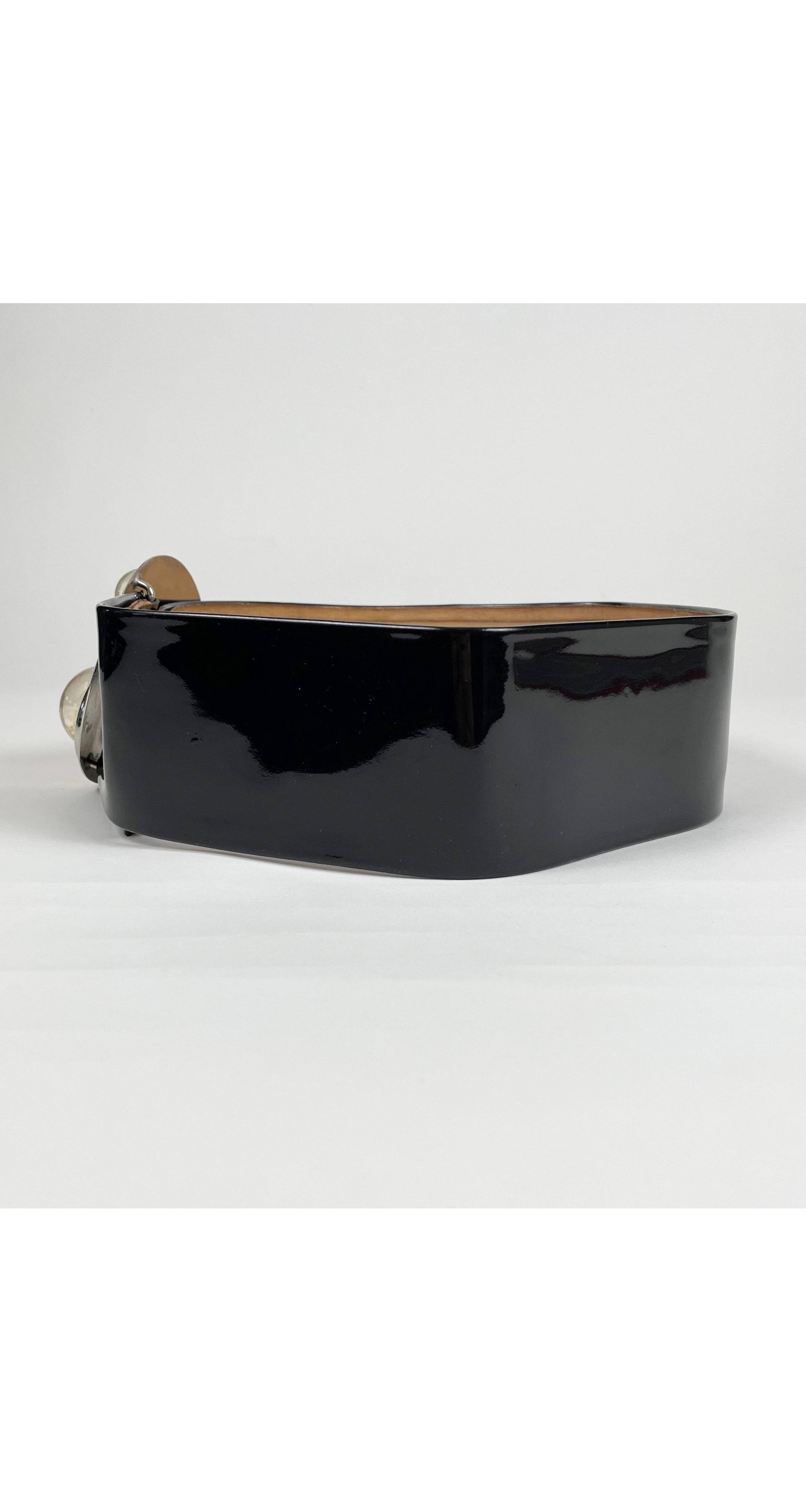 1969 Space Age Silver Buckle Black Patent Leather Belt