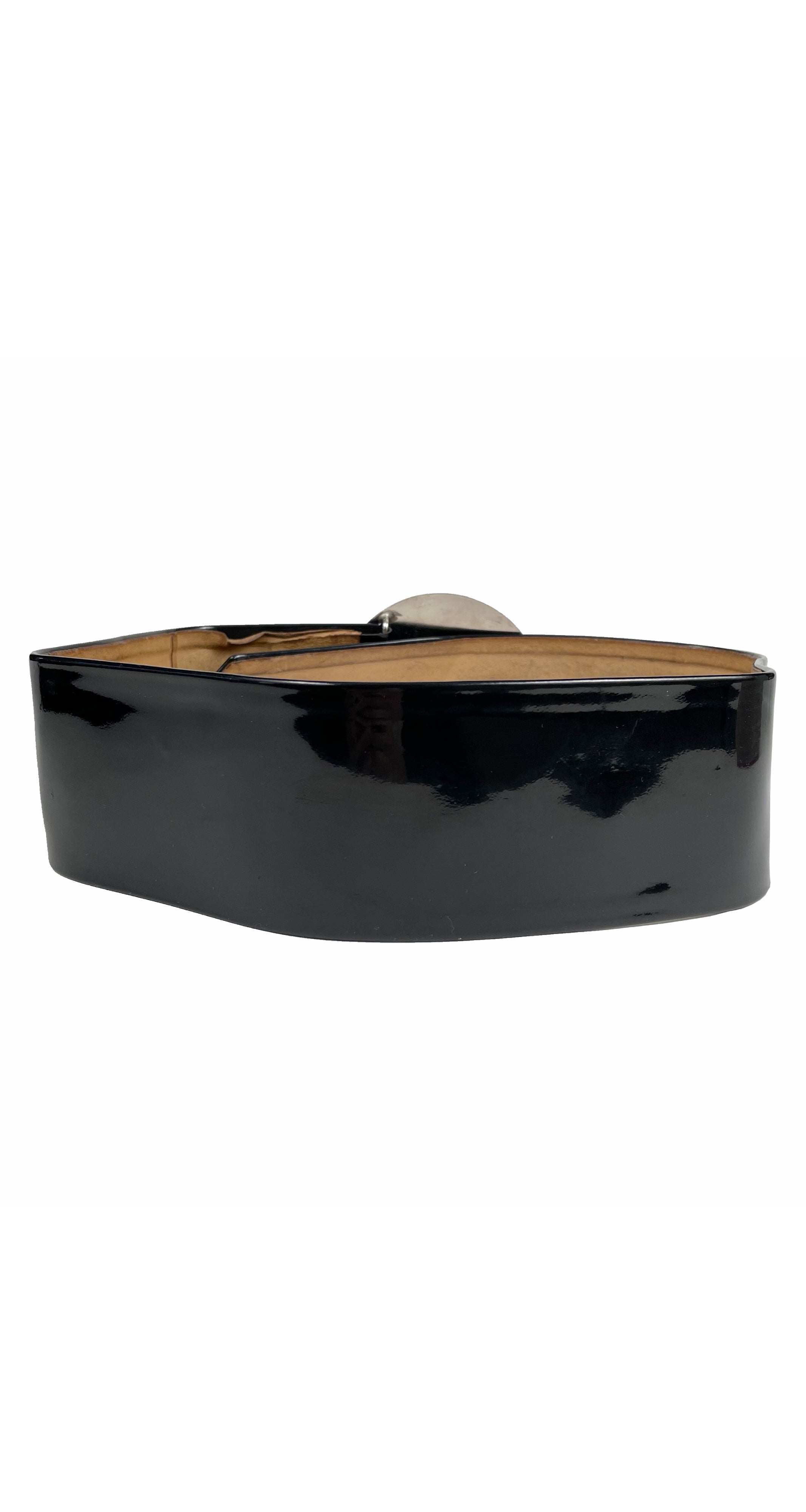 1969 Space Age Silver Buckle Black Patent Leather Belt