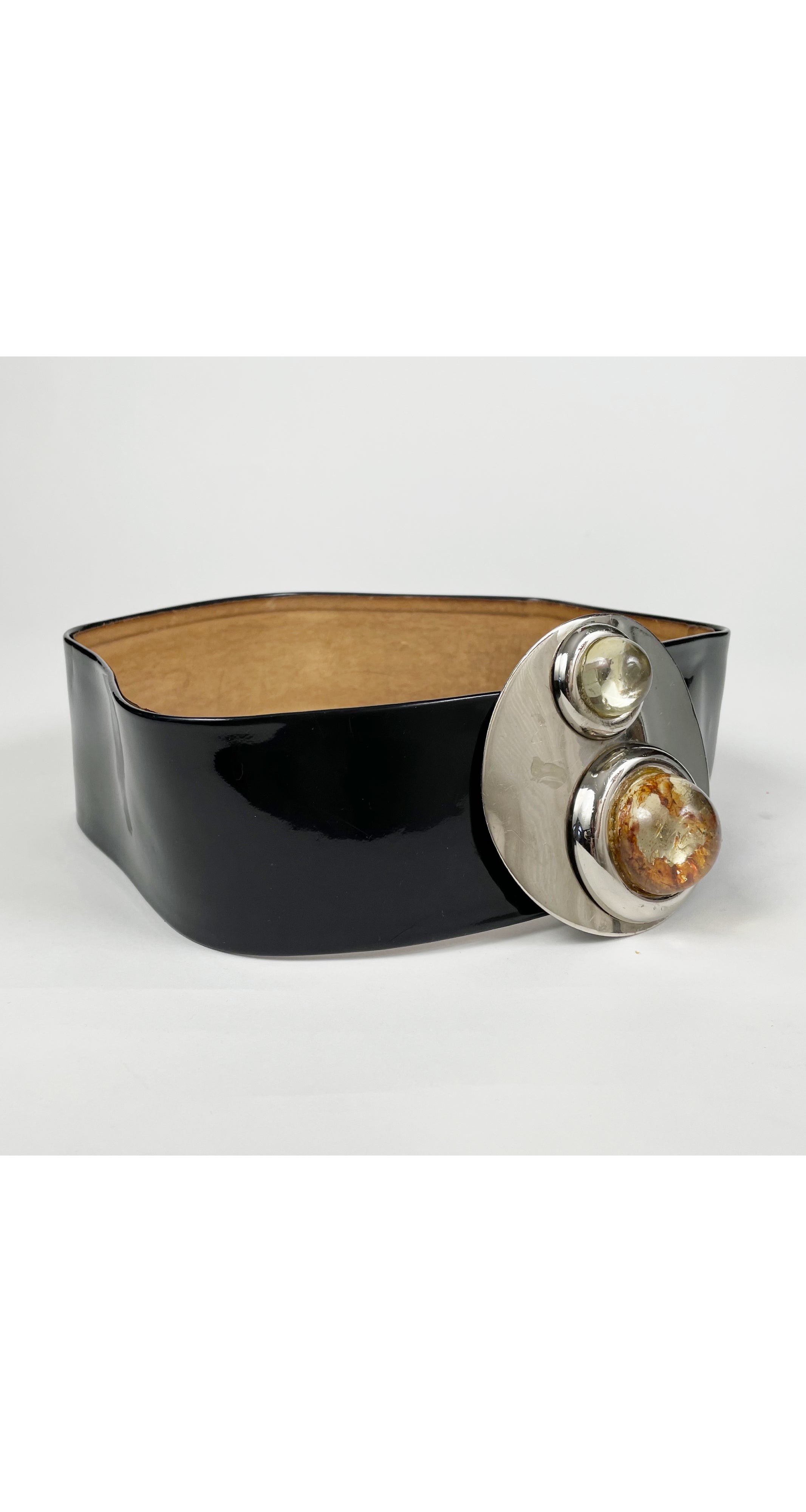 1969 Space Age Silver Buckle Black Patent Leather Belt