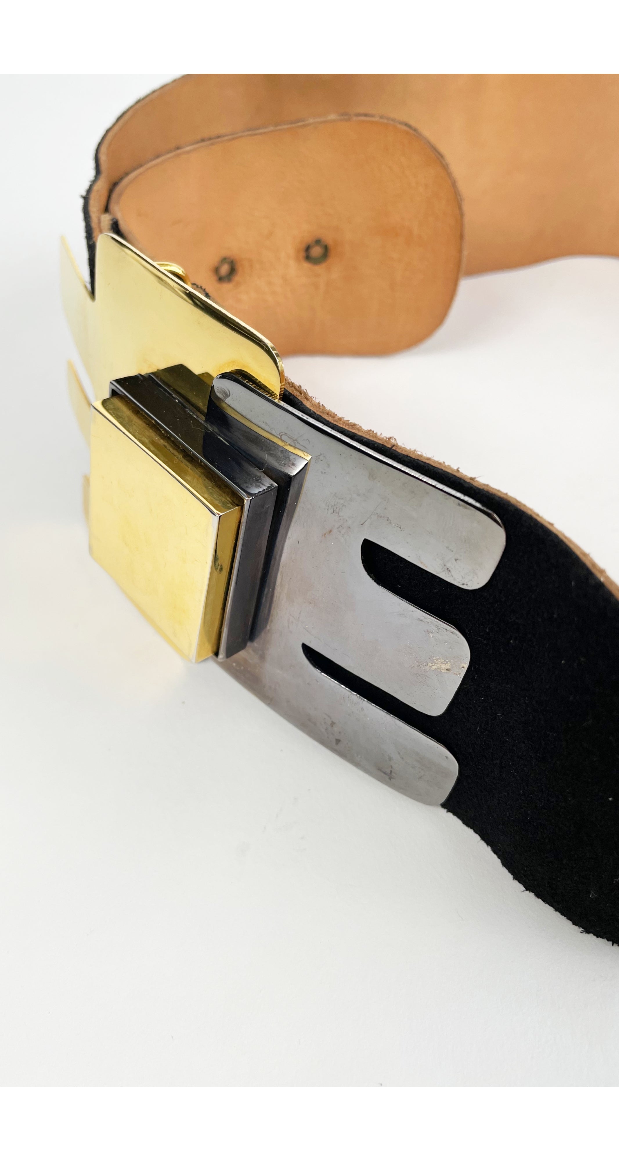 1970s Modernist Gold & Silver Black Suede Belt