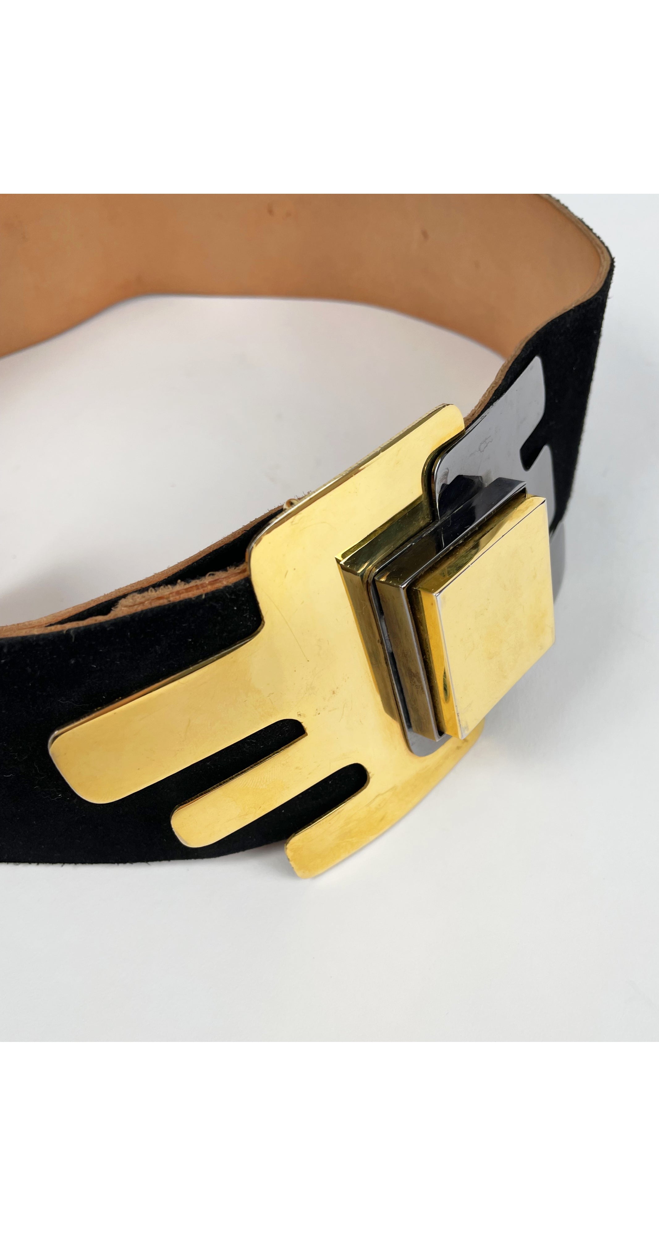 1970s Modernist Gold & Silver Black Suede Belt