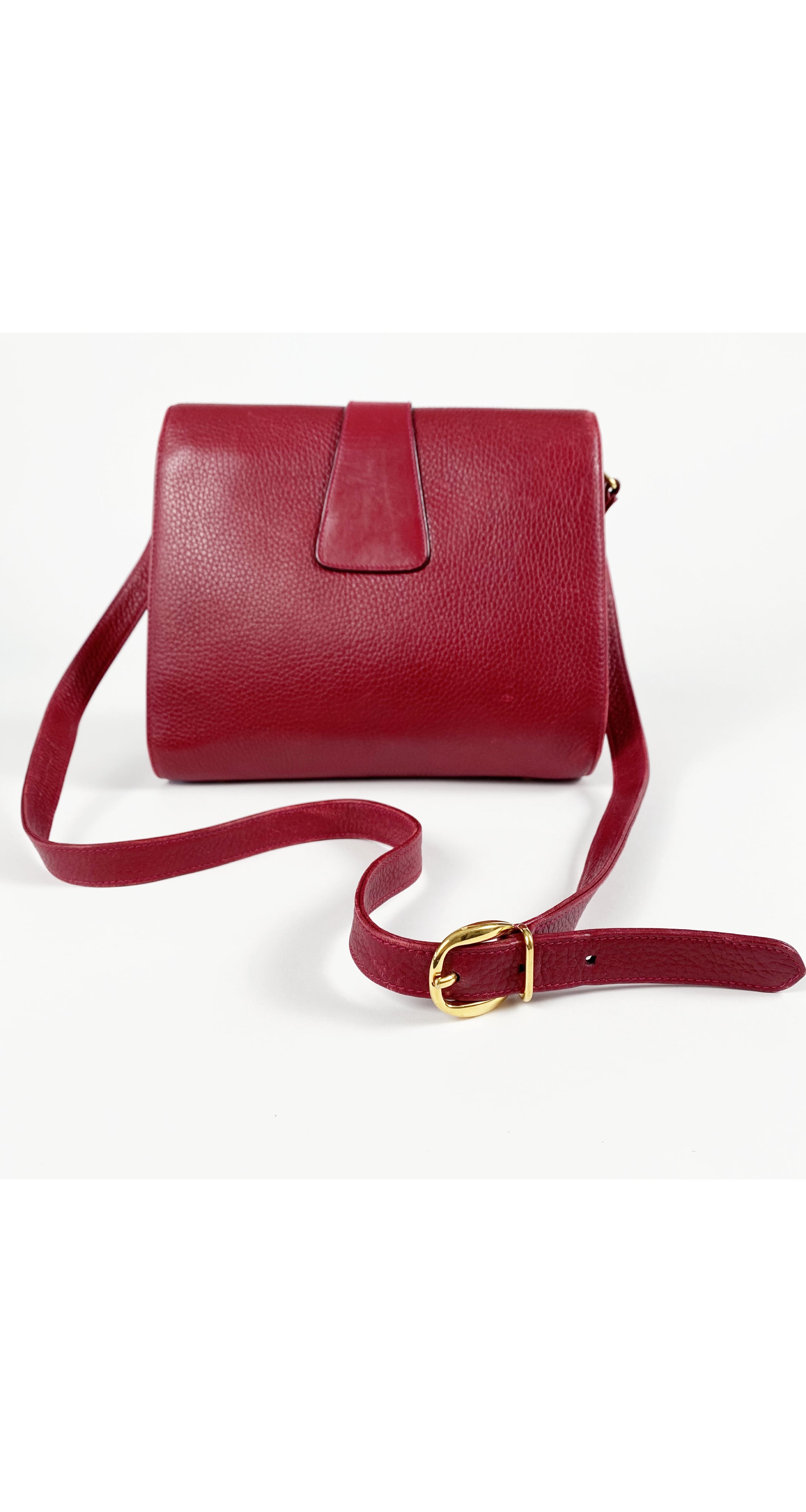 1990s Dark Red Leather Buckle Crossbody Bag
