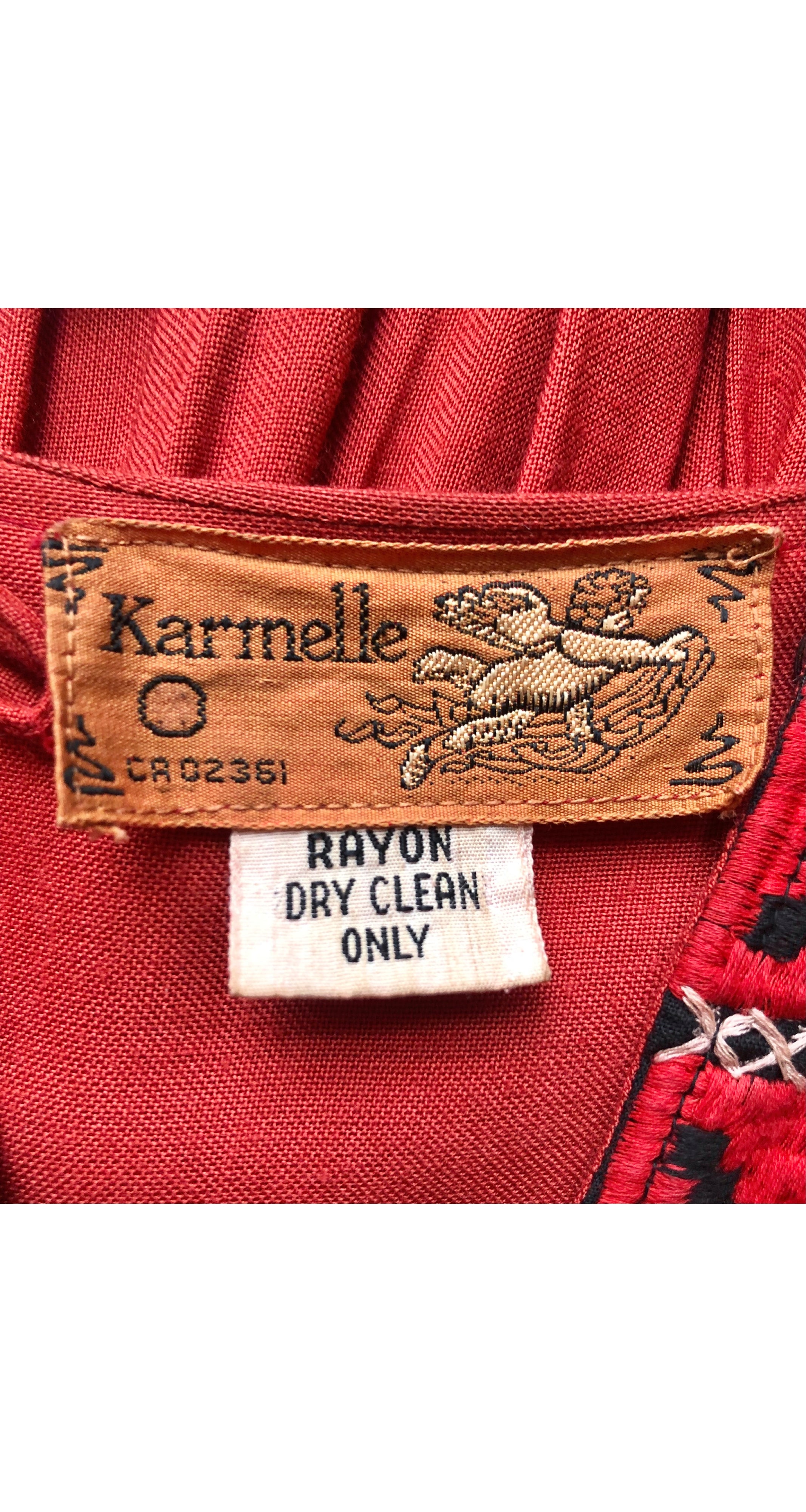 1970s Embroidered Red Indian Rayon Floral Trim Dress