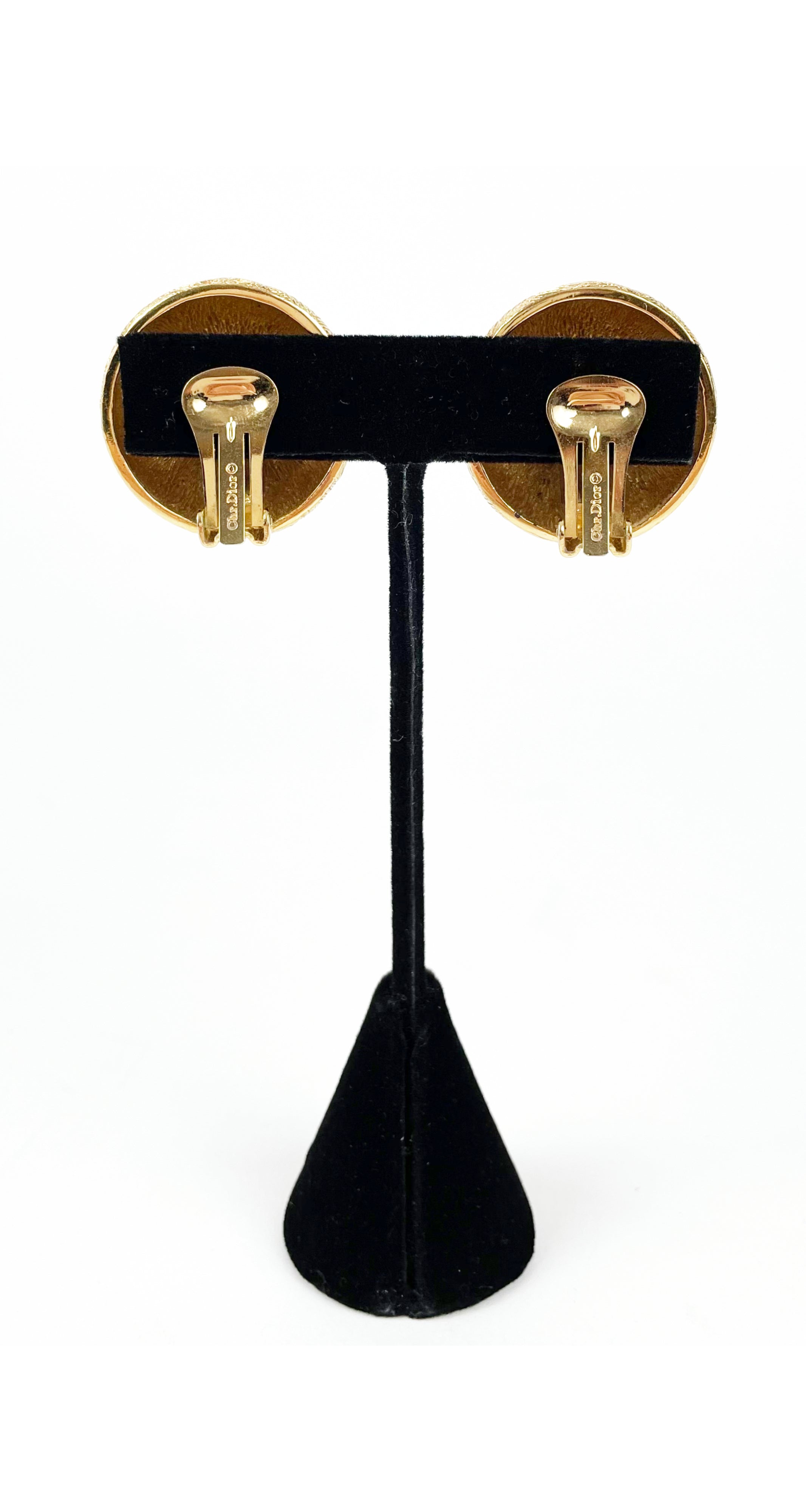 1980s Gold-Tone Cross Hatch Round Clip-On Earrings