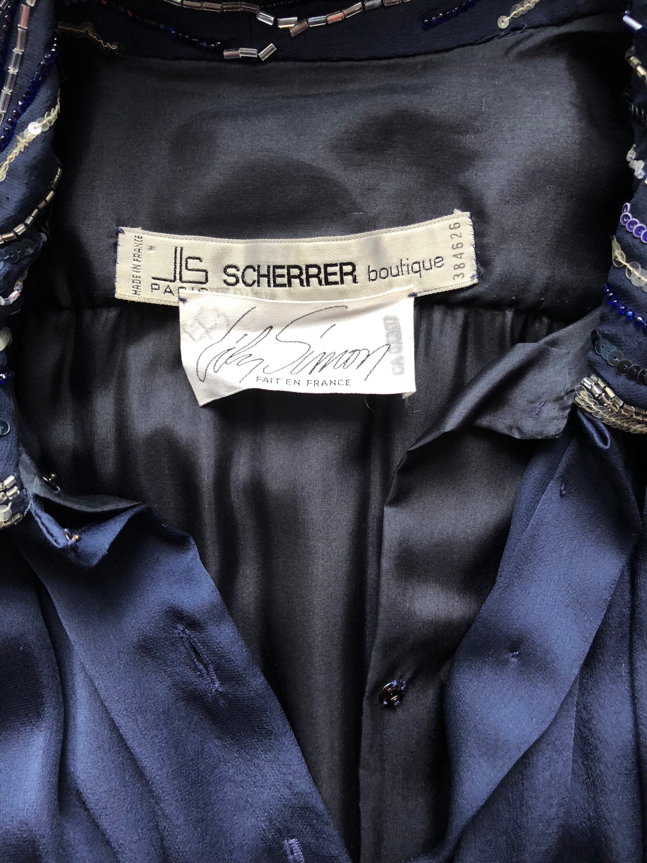 1980s Beaded Navy Silk Chiffon Evening Dress