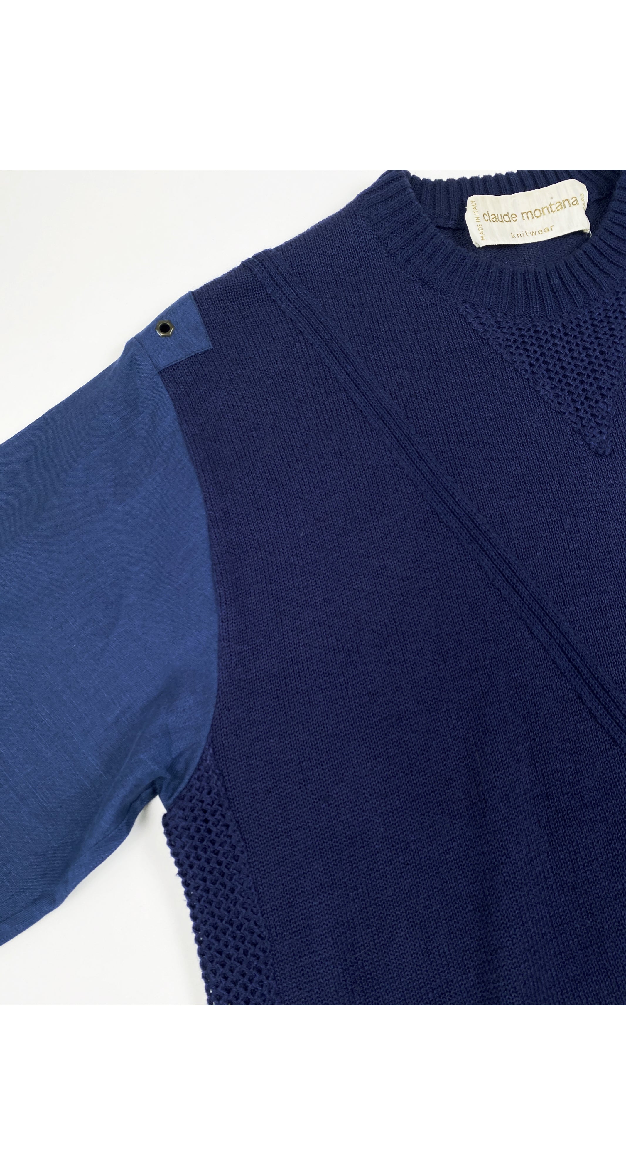 1980s Men's Navy Blue Linen & Cotton Knit Top