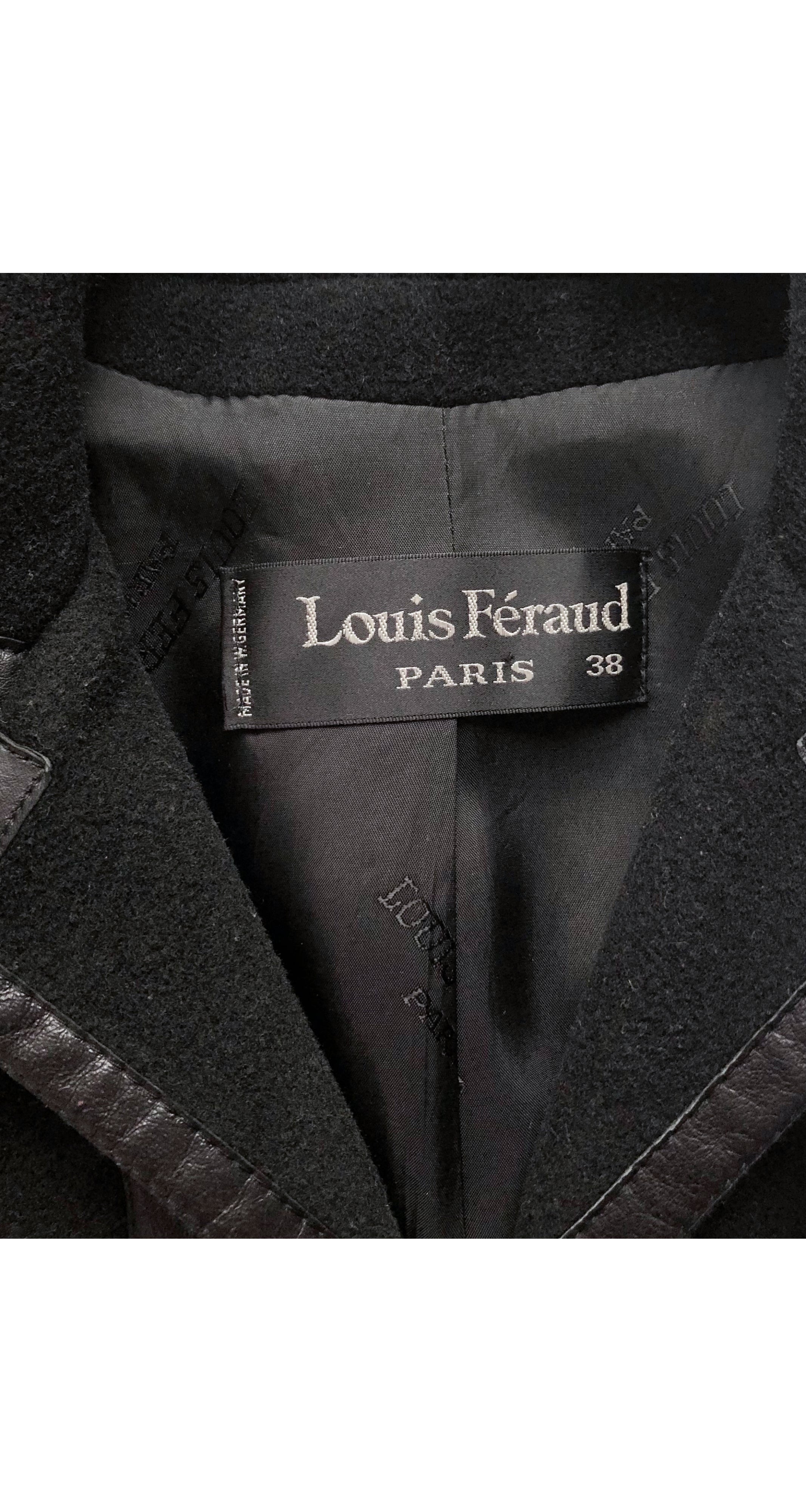 1970s Black Wool Leather Trimmed Collared Coat