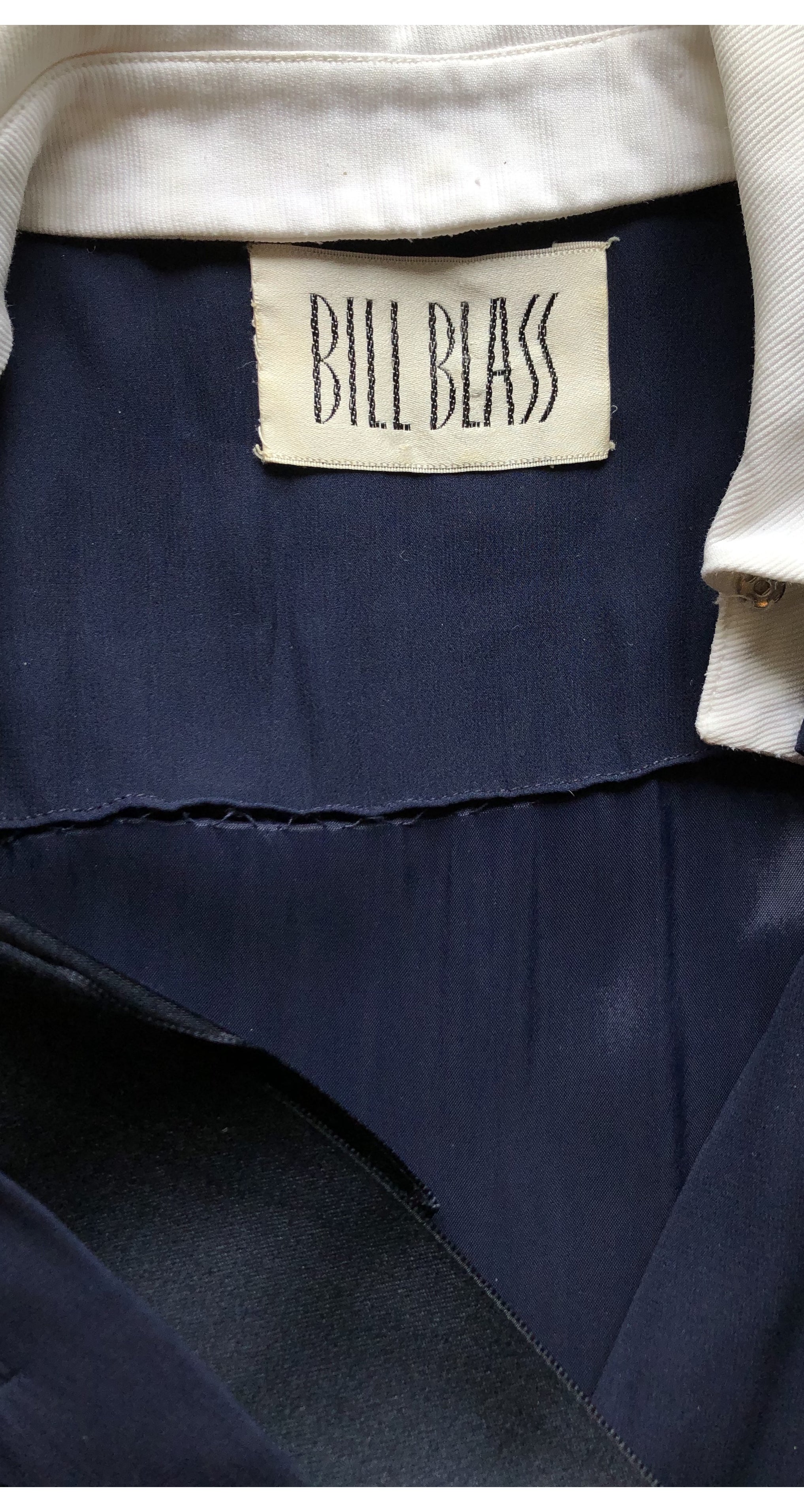 1972 Navy Silk Chiffon Collared Tuxedo Dress