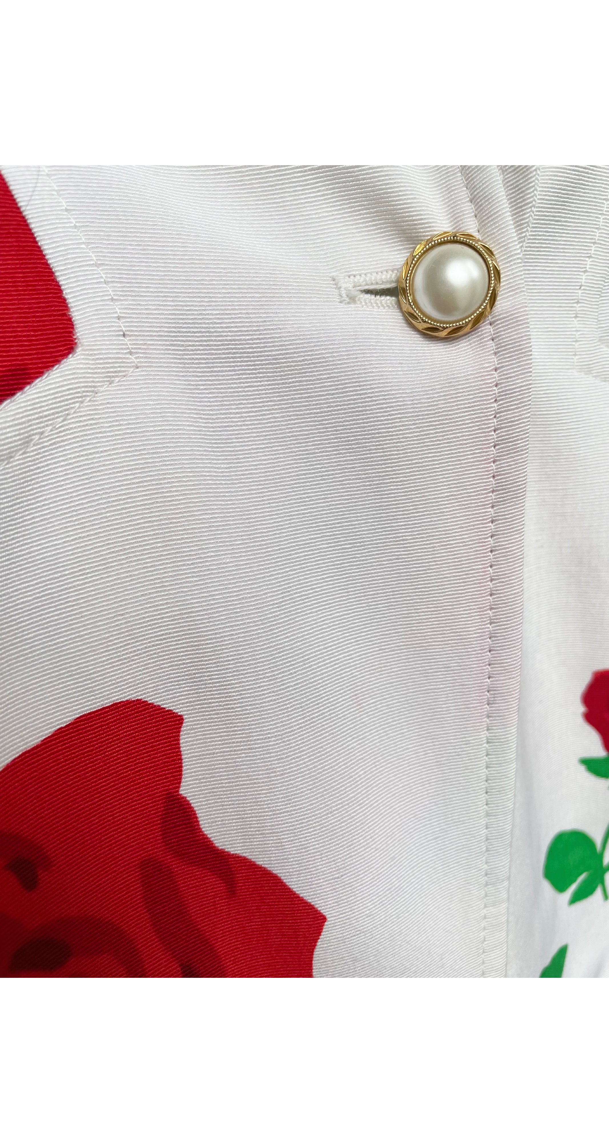 1980s Rose Print White Faille Skirt Suit