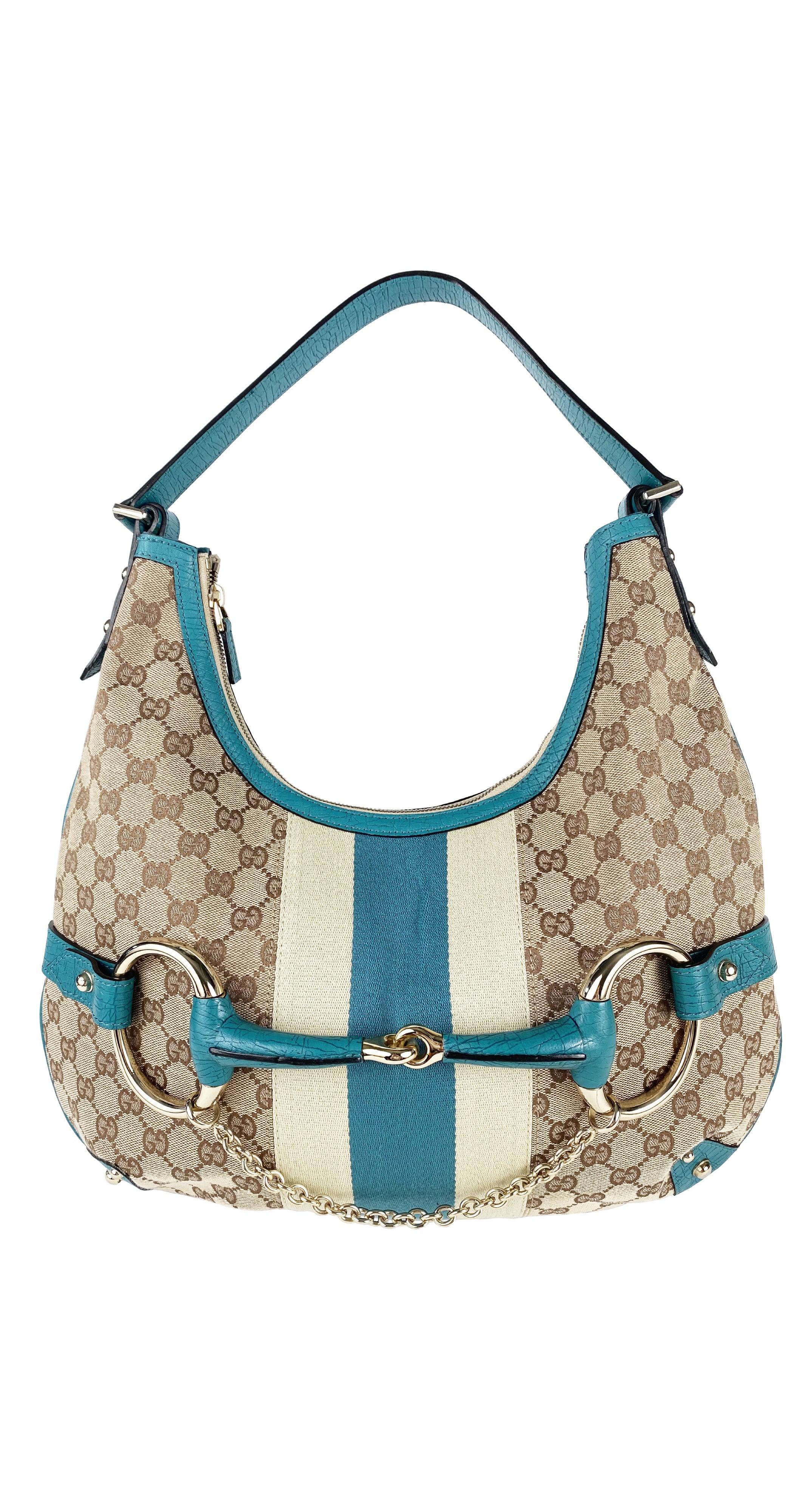2000s Monogram Canvas & Teal Leather Horsebit Hobo Bag