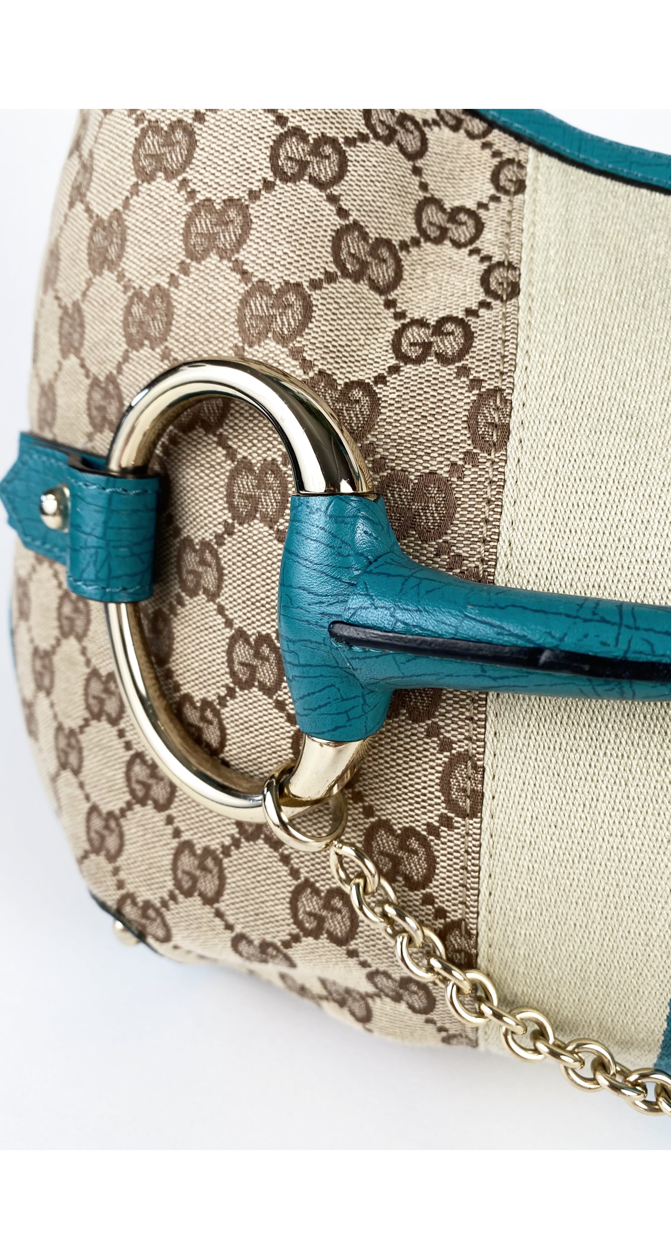 2000s Monogram Canvas & Teal Leather Horsebit Hobo Bag