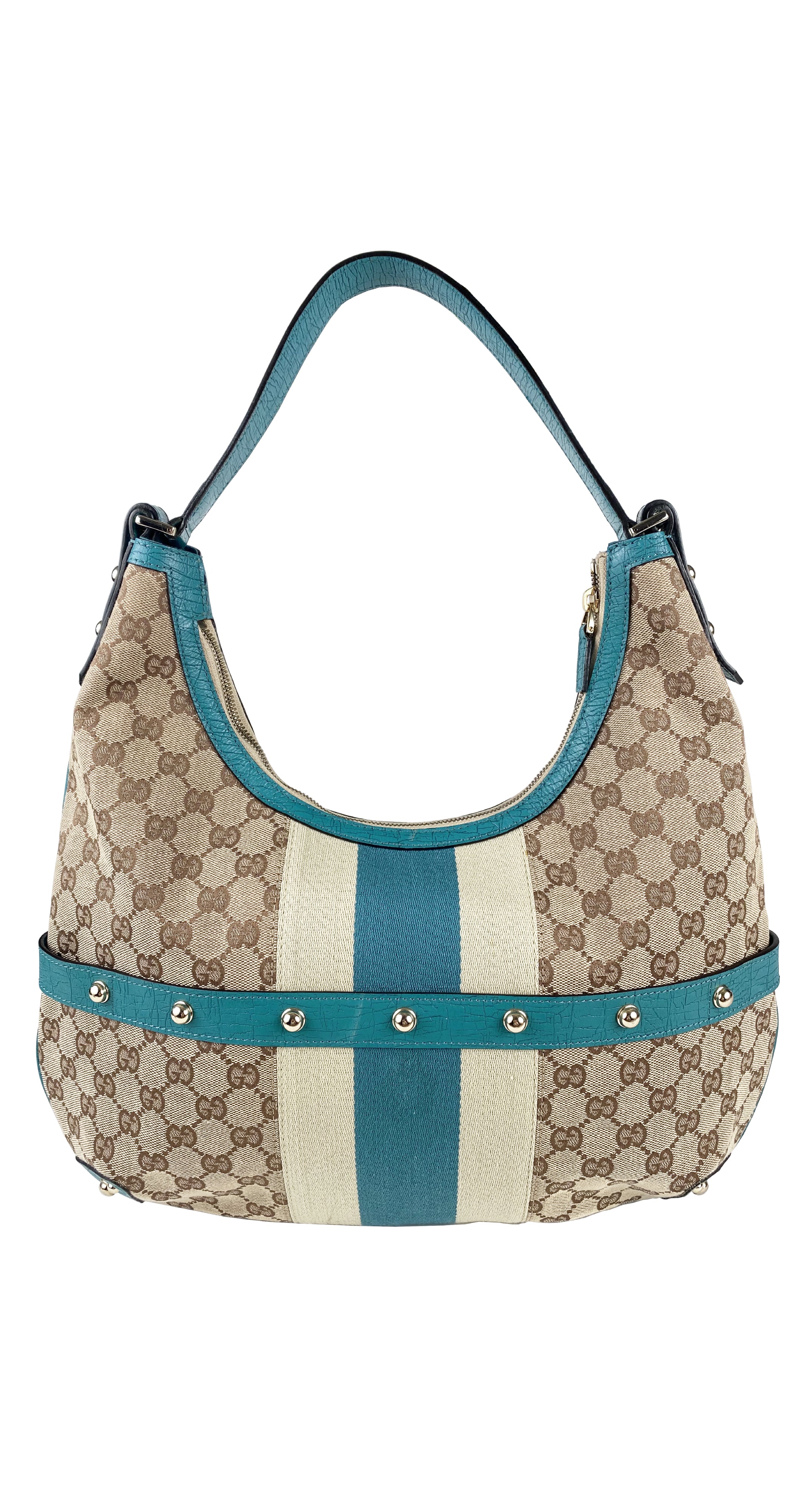 2000s Monogram Canvas & Teal Leather Horsebit Hobo Bag