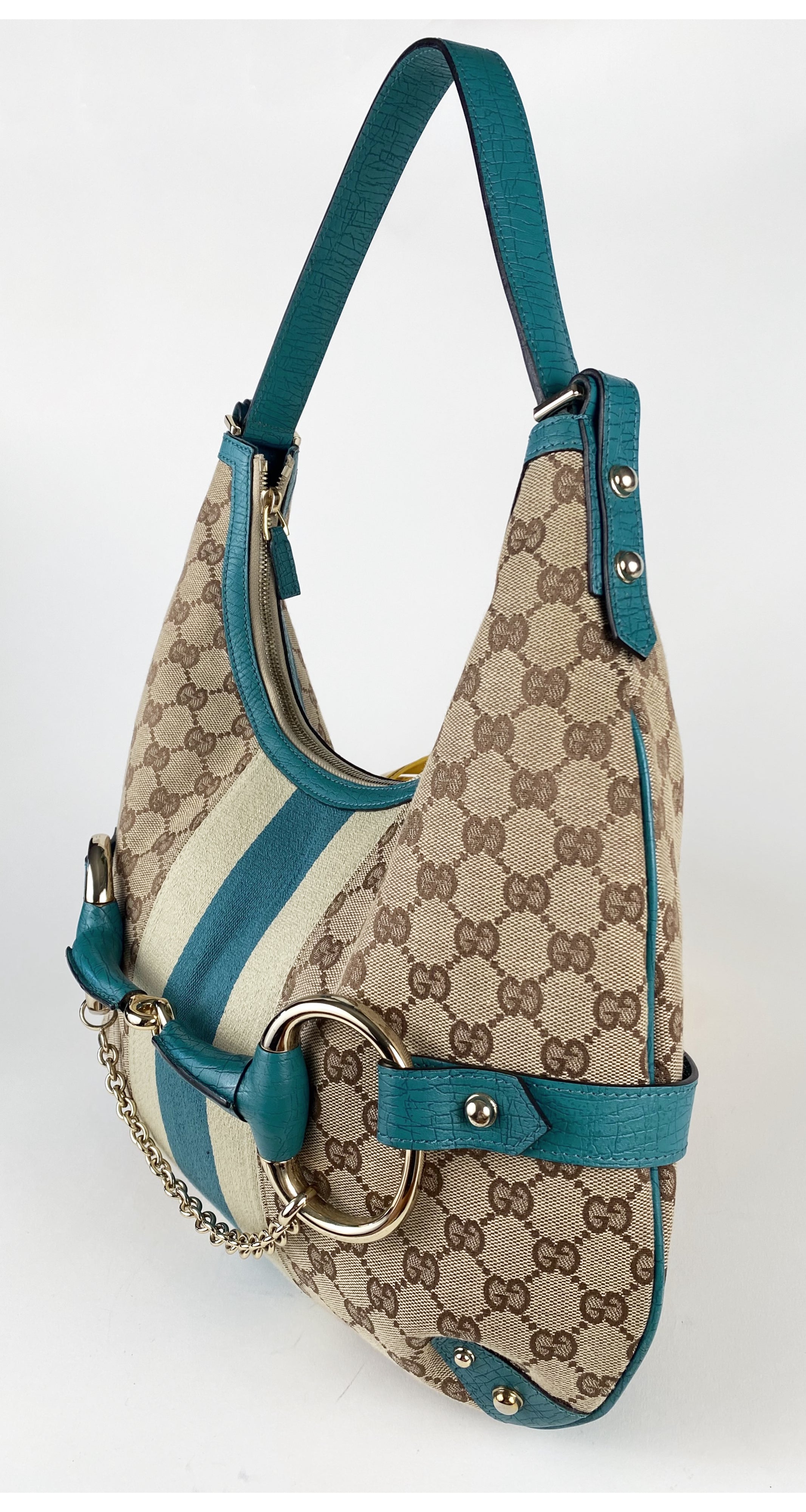 2000s Monogram Canvas & Teal Leather Horsebit Hobo Bag