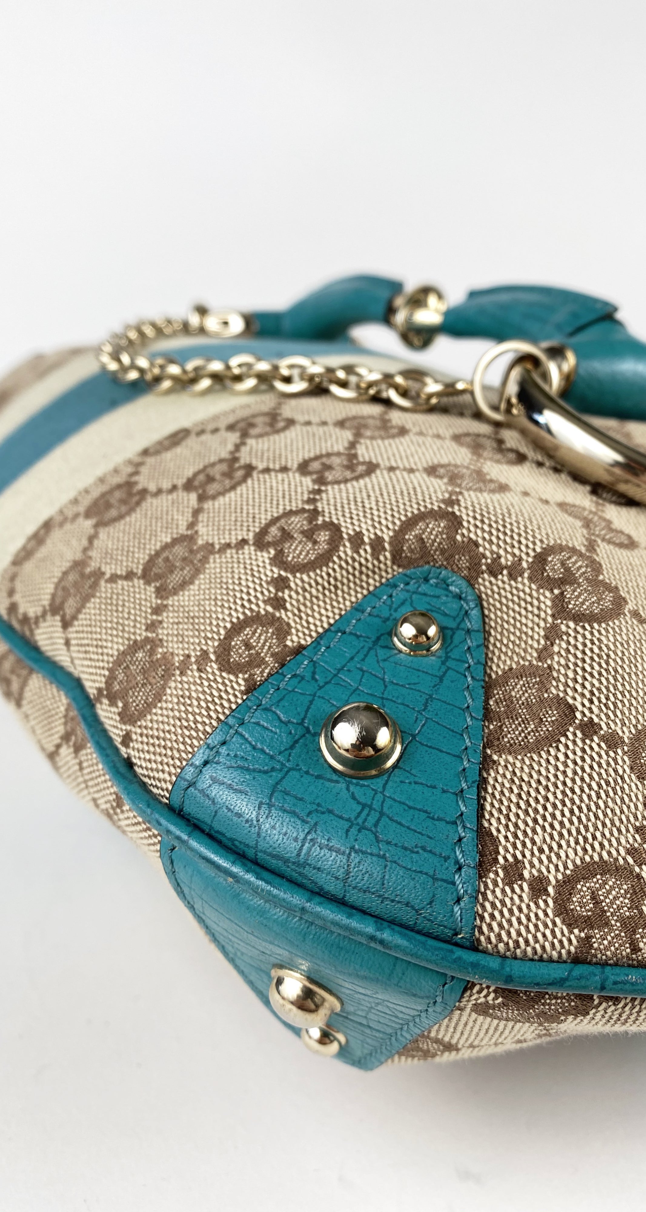 2000s Monogram Canvas & Teal Leather Horsebit Hobo Bag