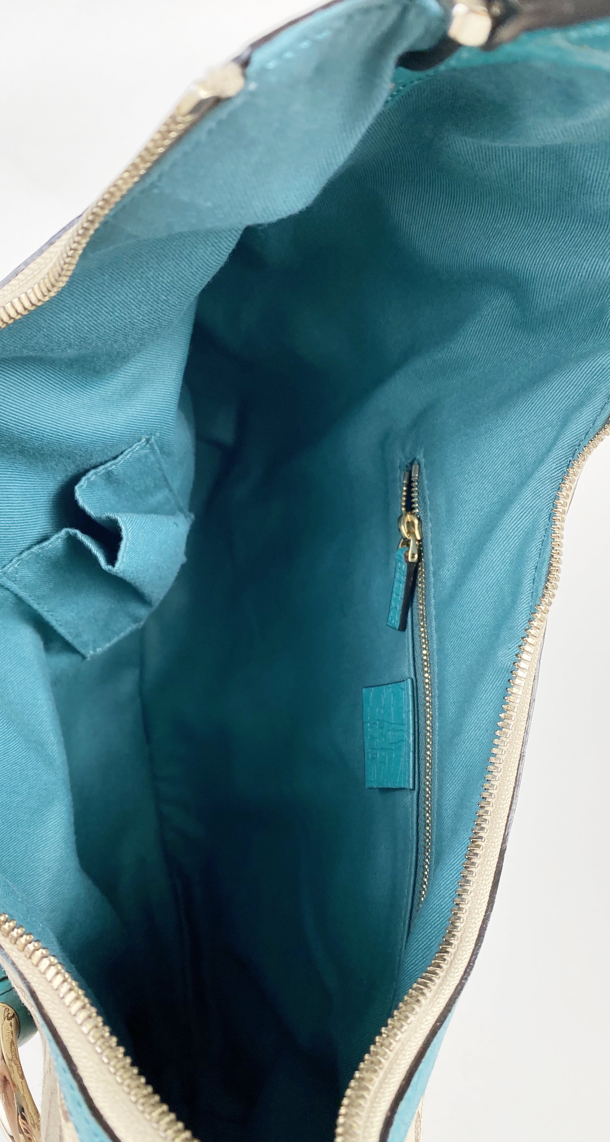 2000s Monogram Canvas & Teal Leather Horsebit Hobo Bag
