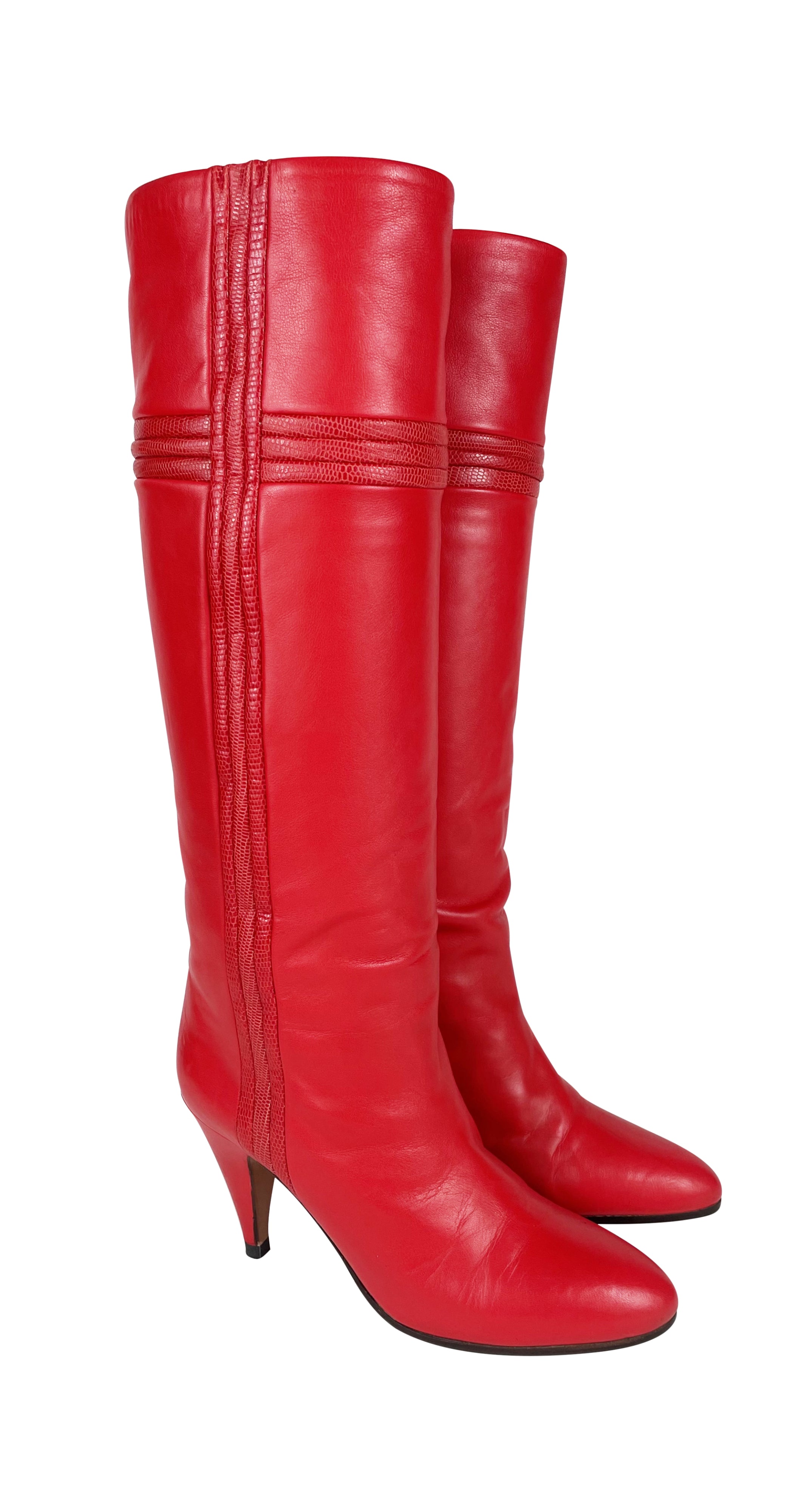 1980s Red Leather Lizard Skin High Heel Boots
