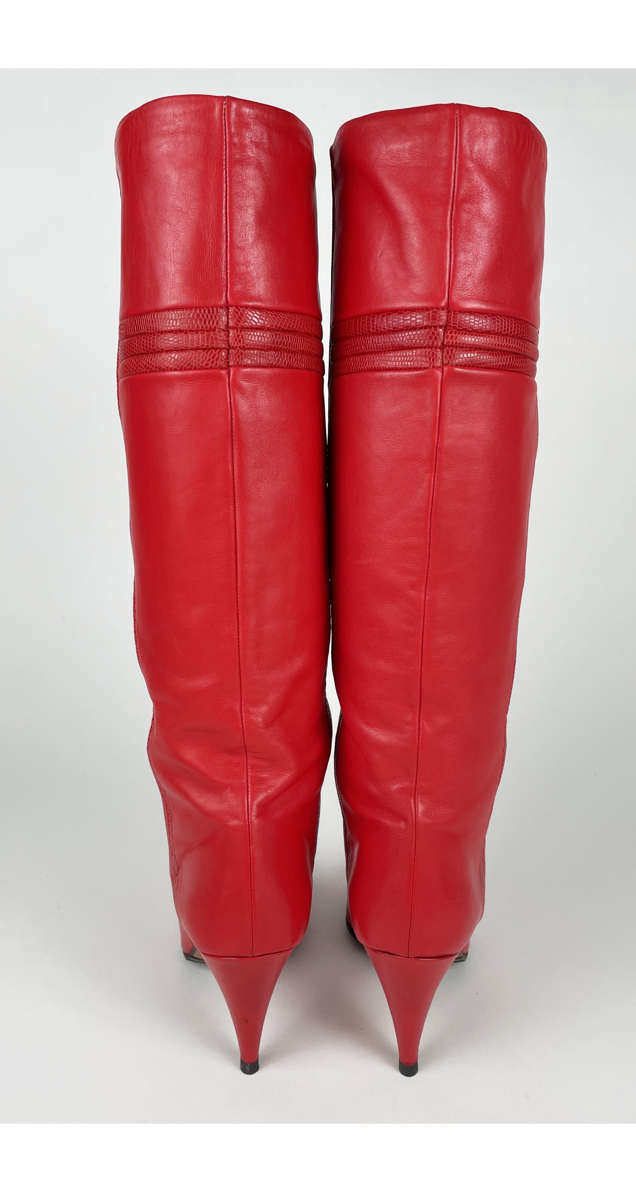 1980s Red Leather Lizard Skin High Heel Boots