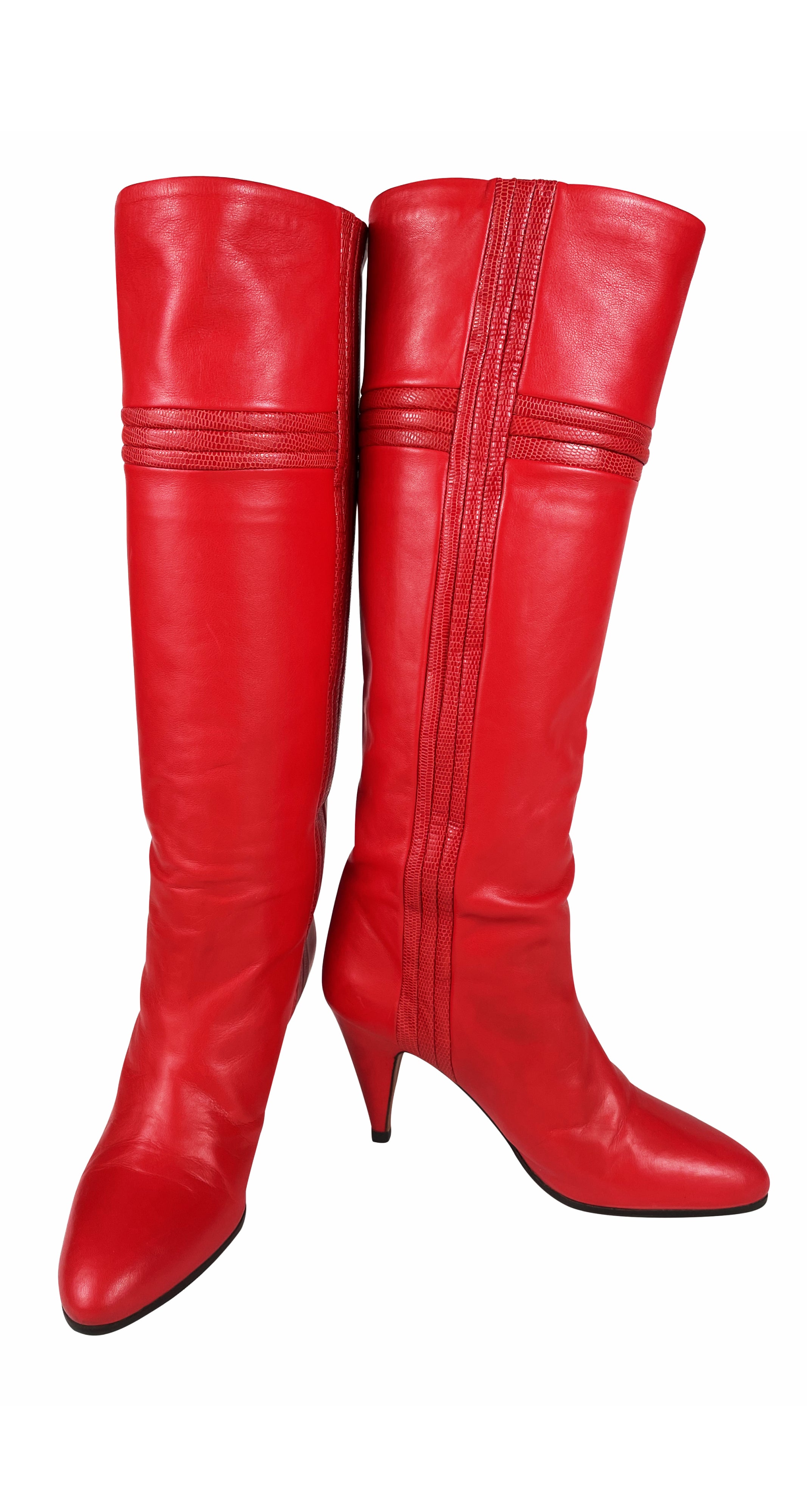 1980s Red Leather Lizard Skin High Heel Boots