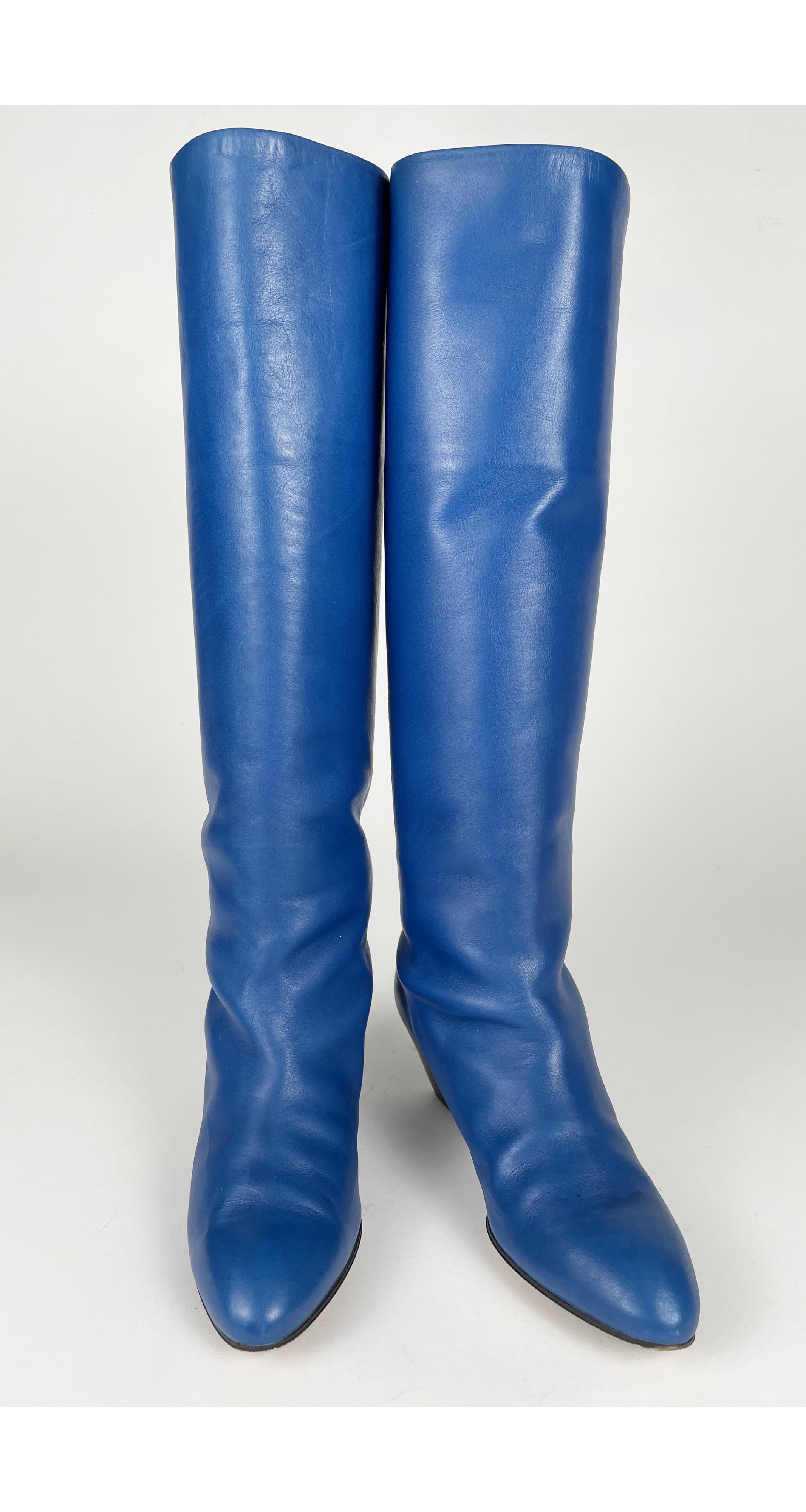 1980s Blue Leather Wood Stacked Heel Boots