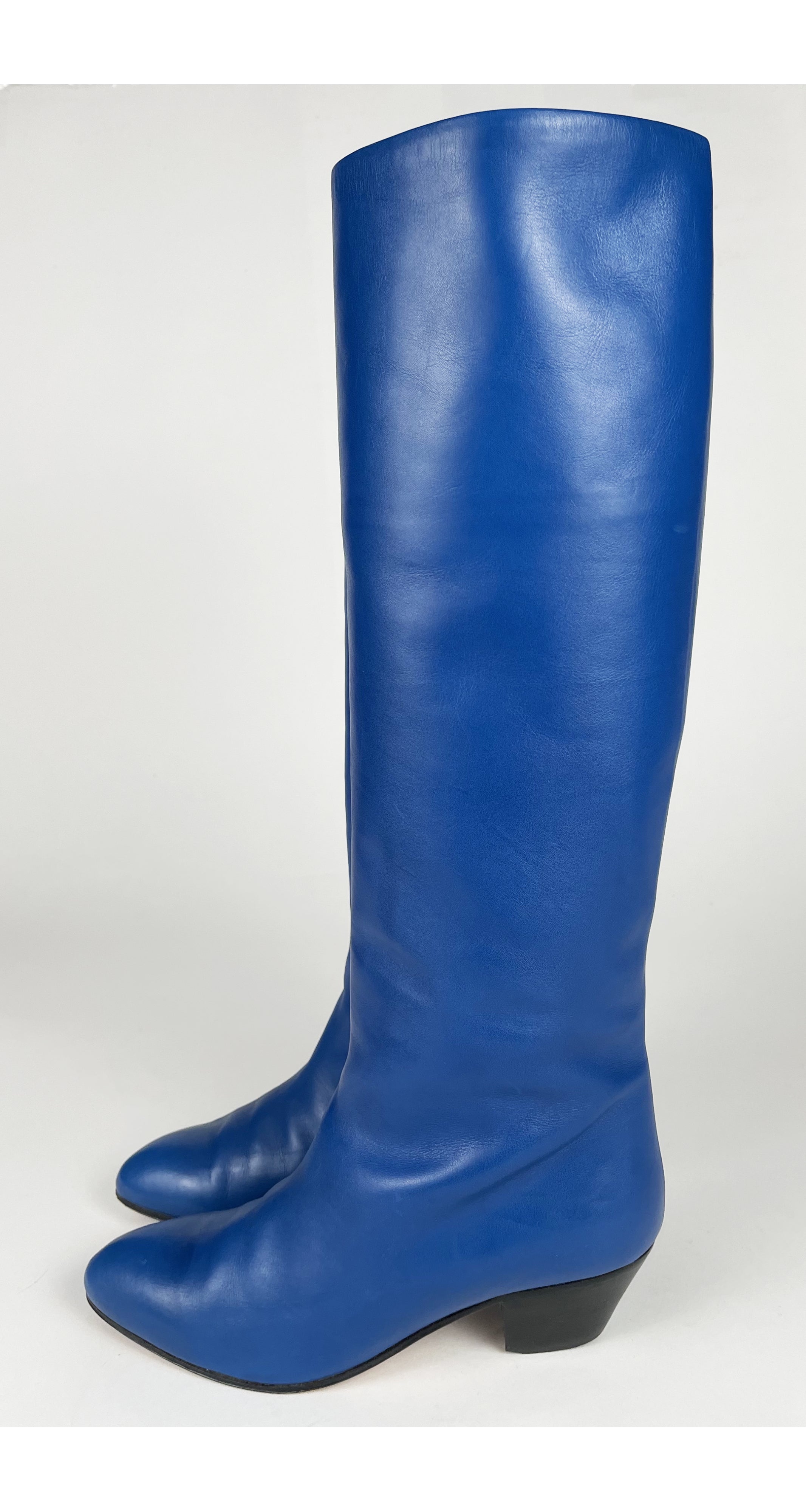1980s Blue Leather Wood Stacked Heel Boots