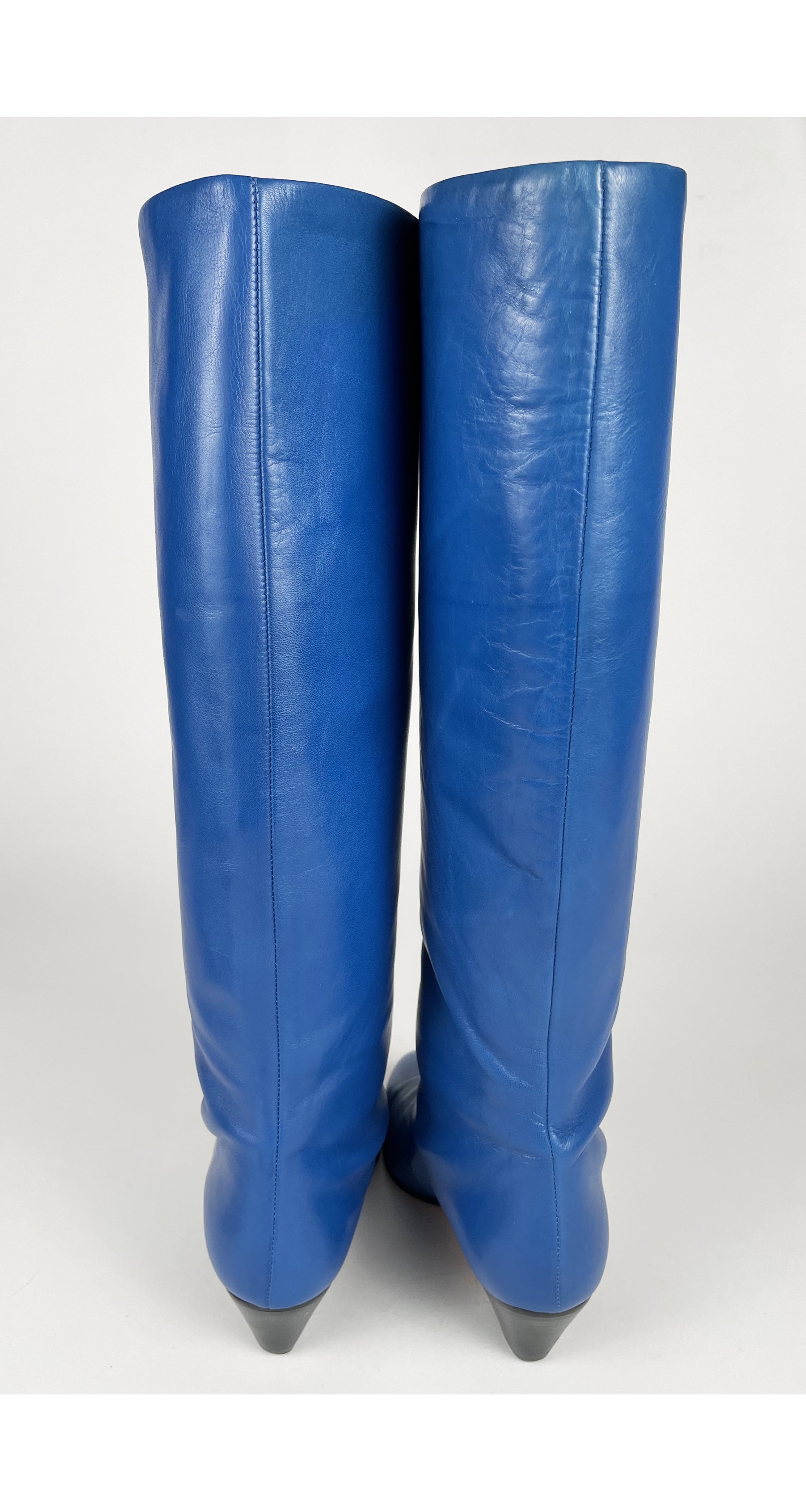 1980s Blue Leather Wood Stacked Heel Boots