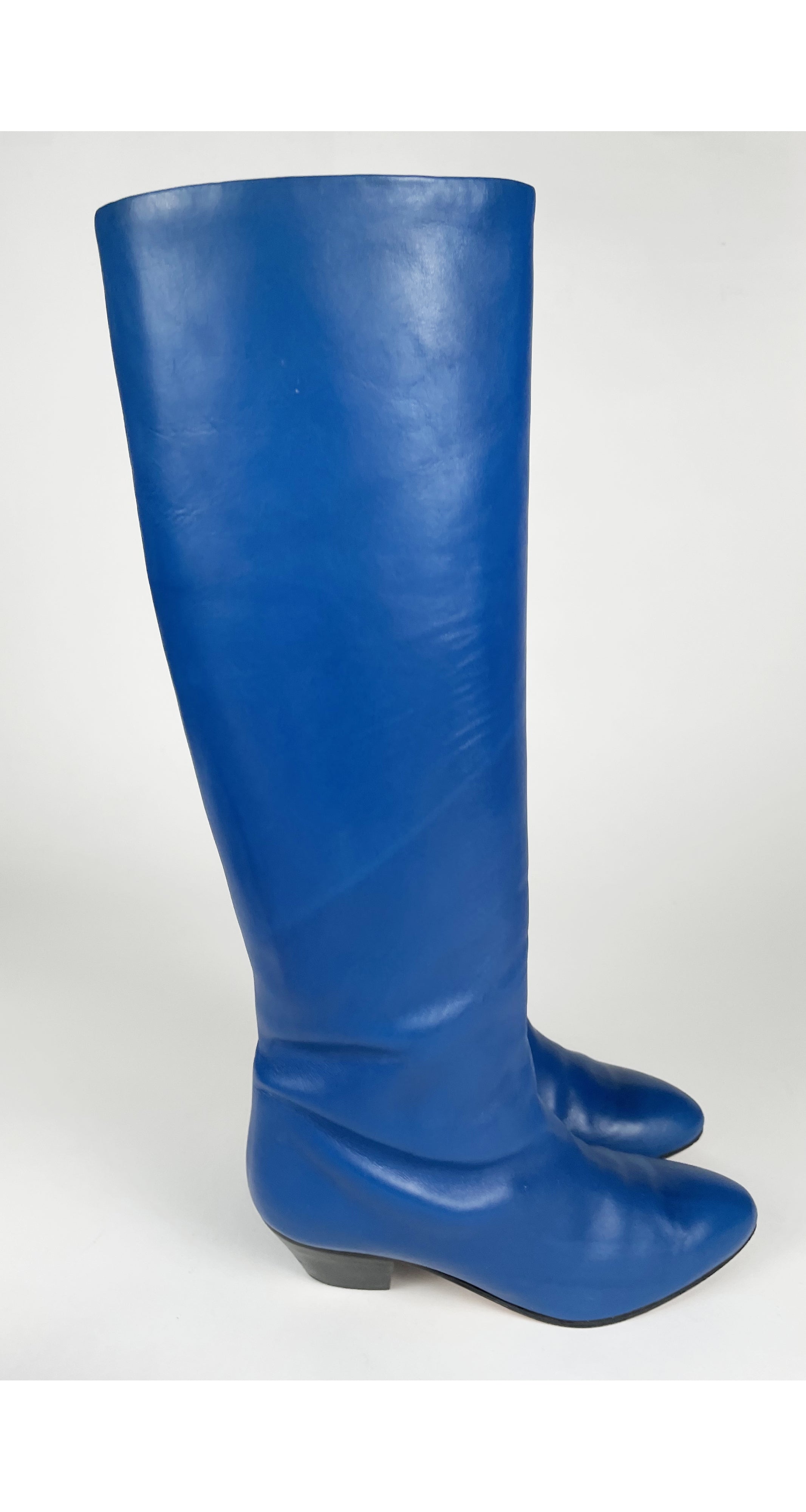 1980s Blue Leather Wood Stacked Heel Boots