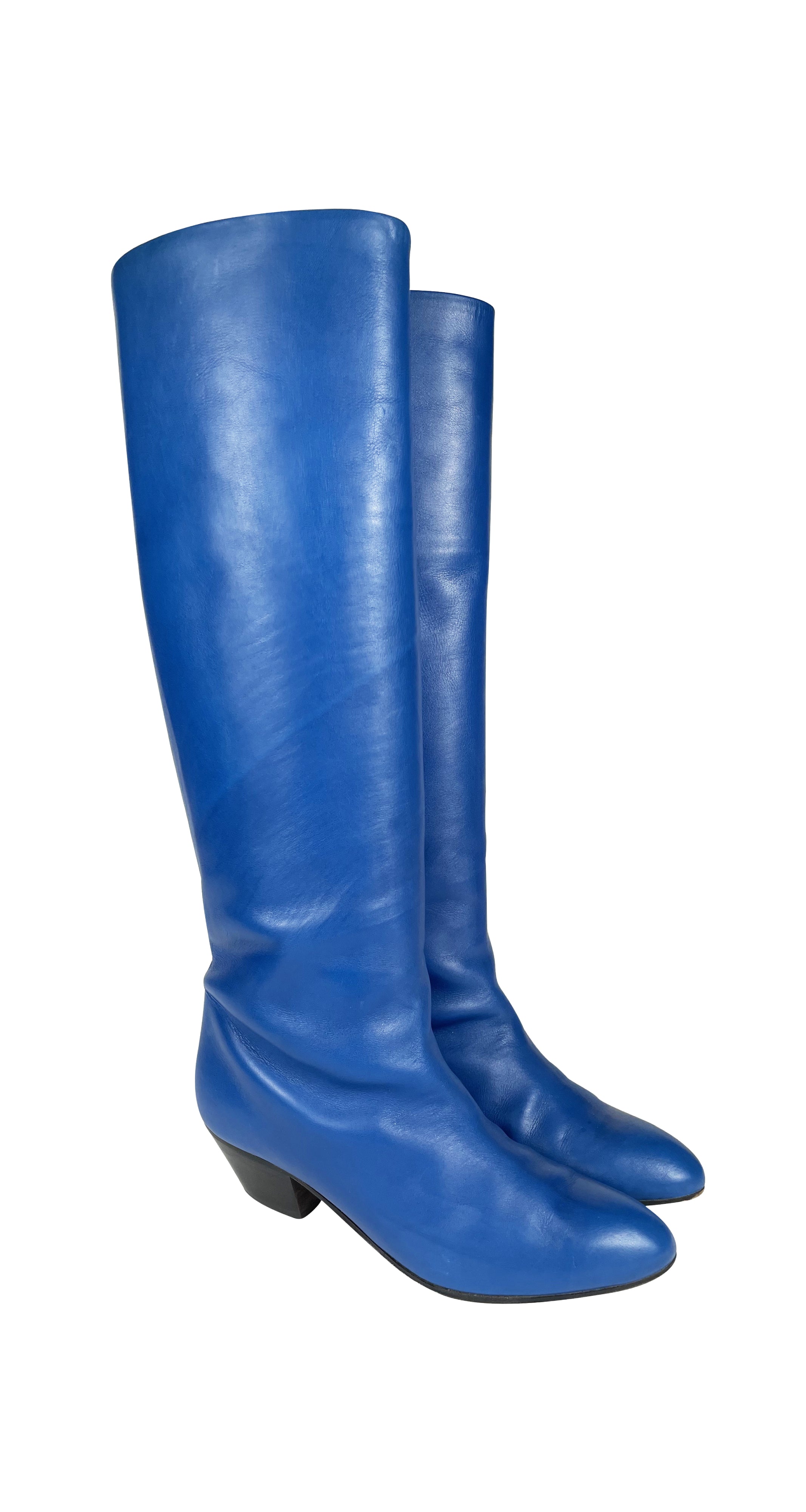 1980s Blue Leather Wood Stacked Heel Boots