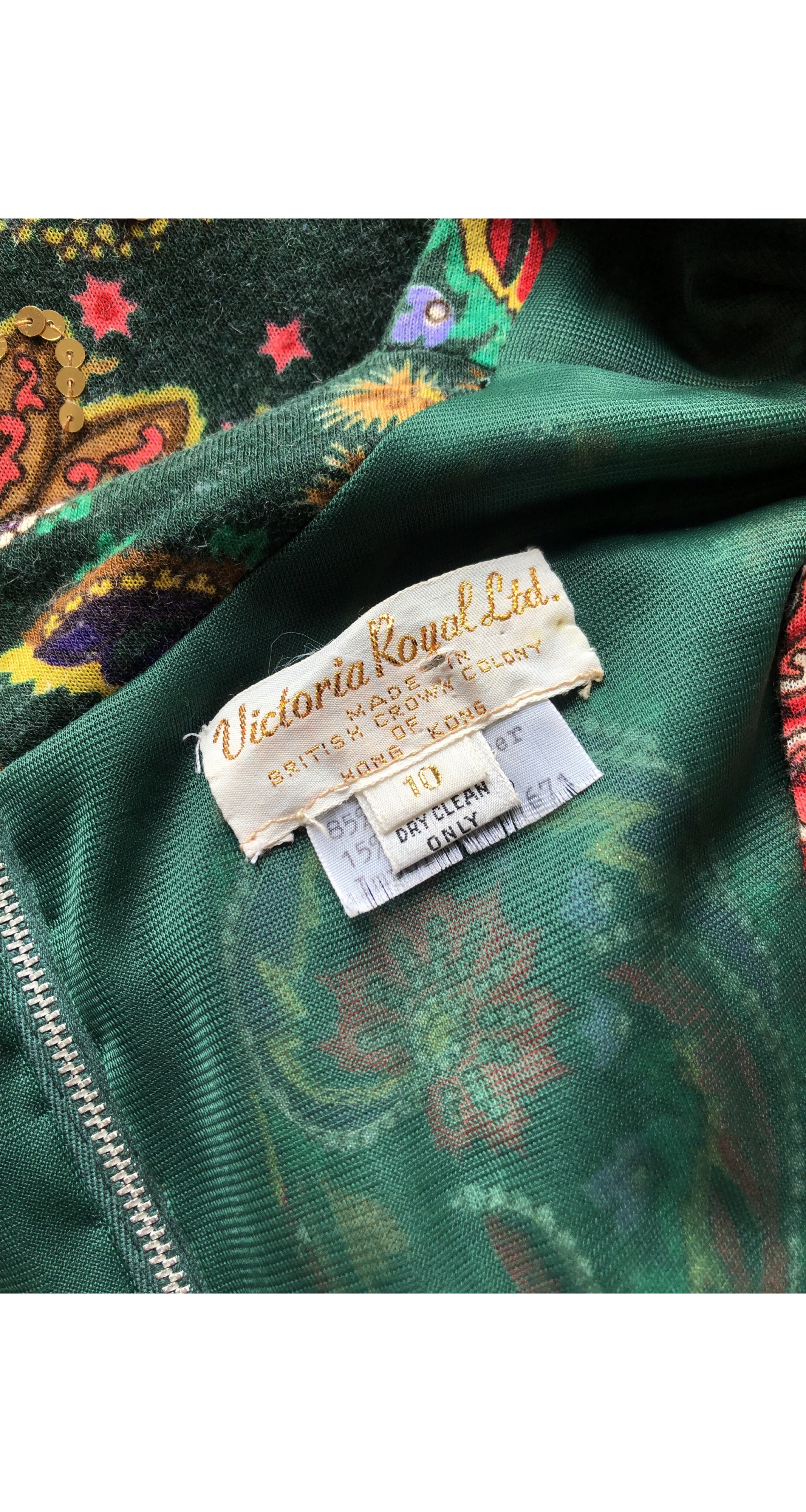 1970s NWT Sequin Floral Green Jersey Evening Gown