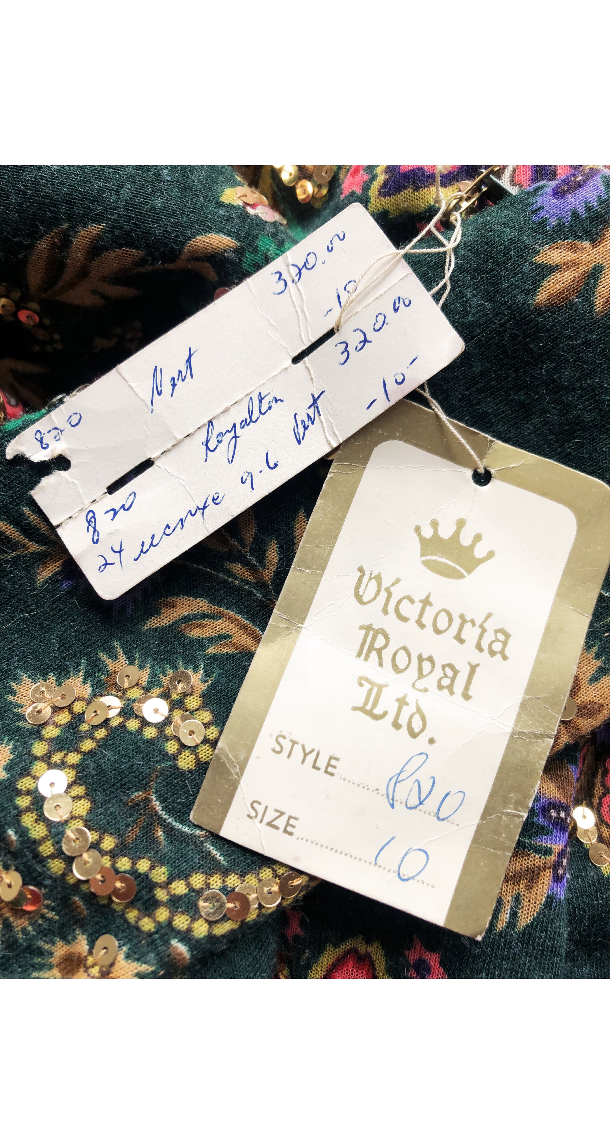 1970s NWT Sequin Floral Green Jersey Evening Gown