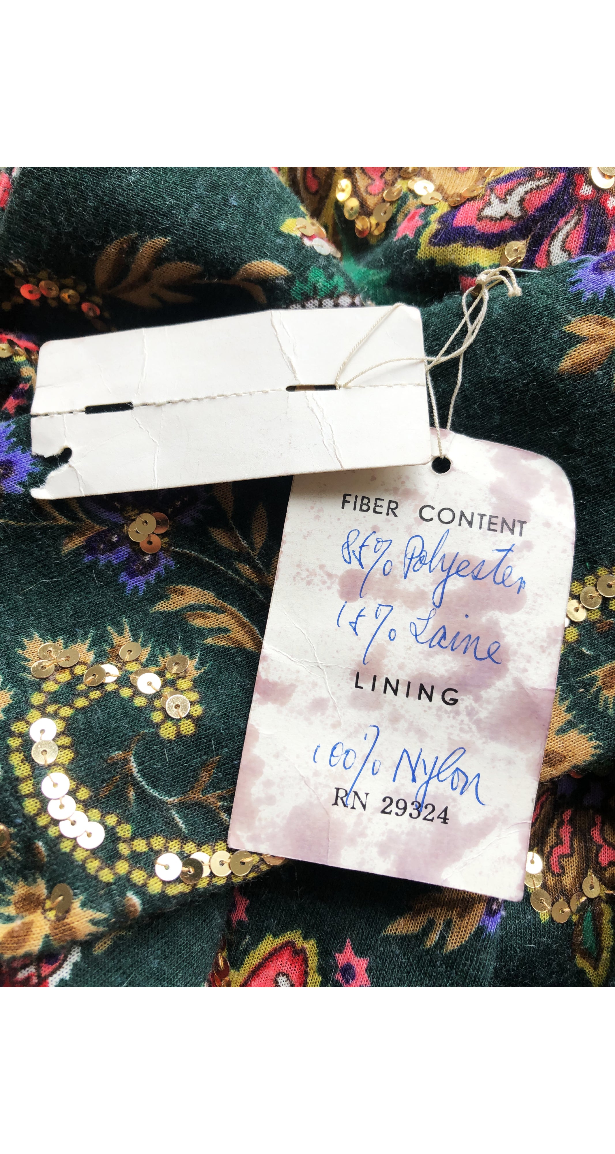 1970s NWT Sequin Floral Green Jersey Evening Gown