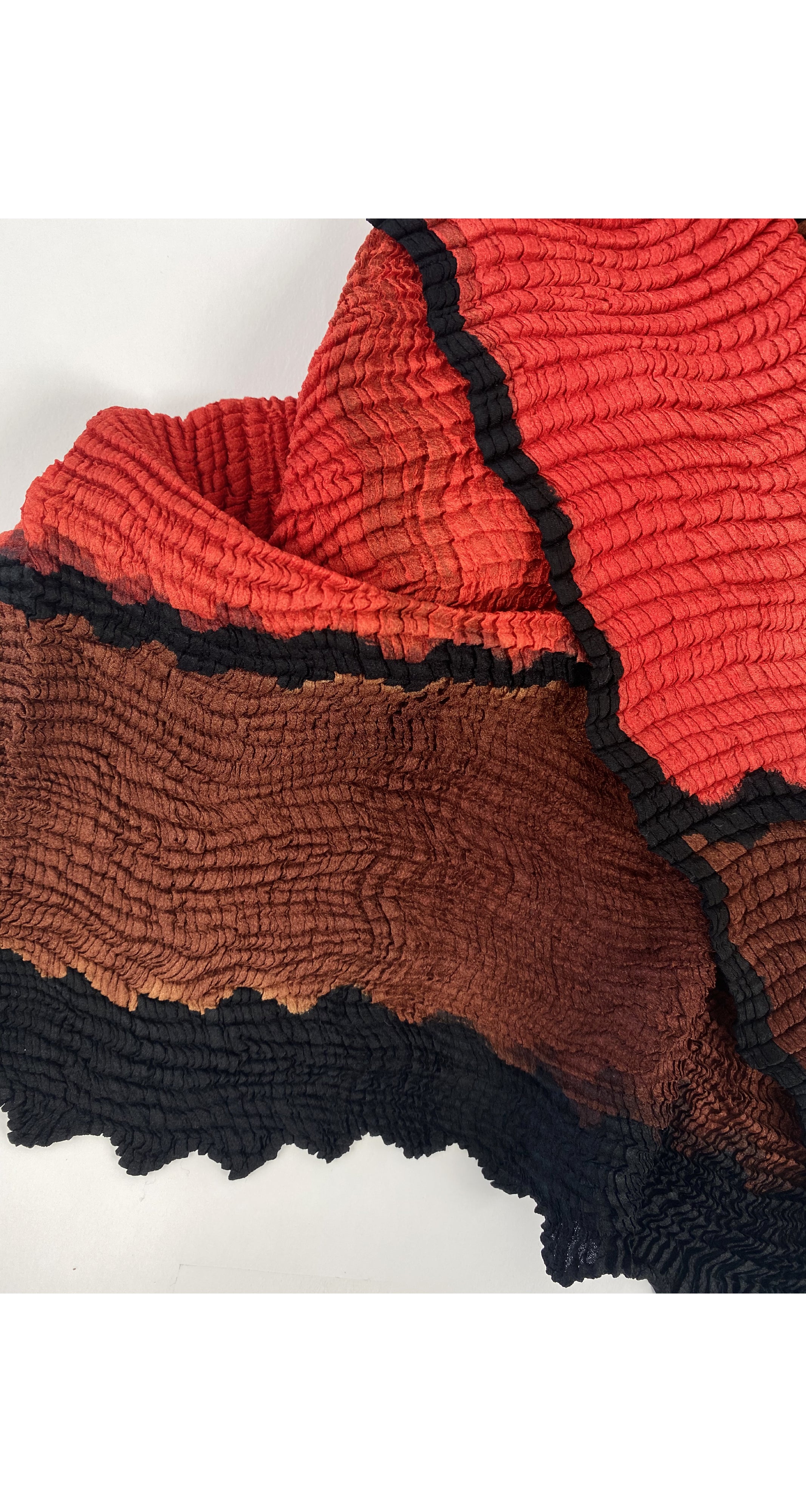 1990s 60" Orange, Brown, and Black Colorblock Pleated Scarf
