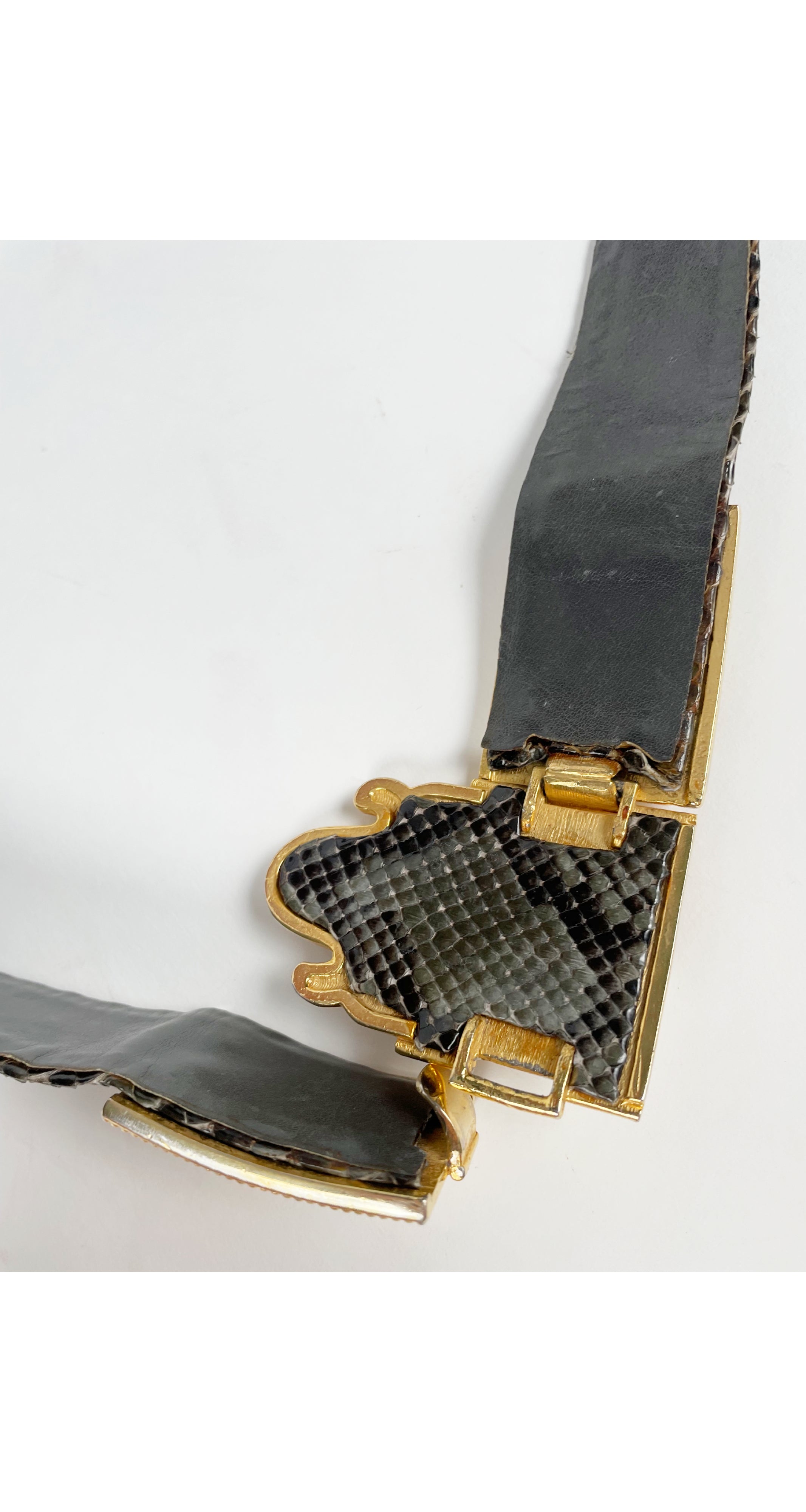 1980s Ornate Gold Buckle Python Skin Belt