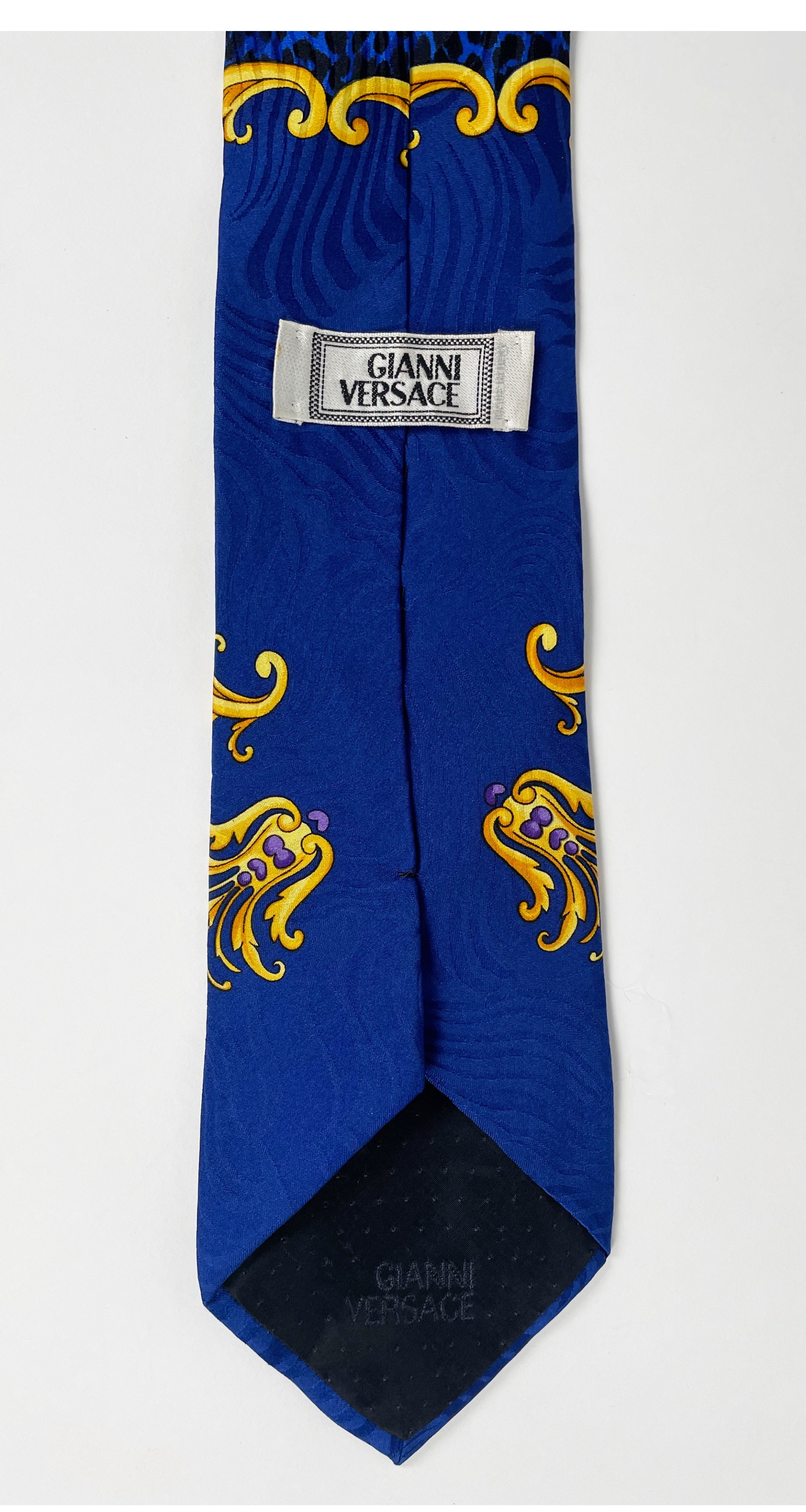 1990s Medusa Leopard Print Blue Silk Men's Tie