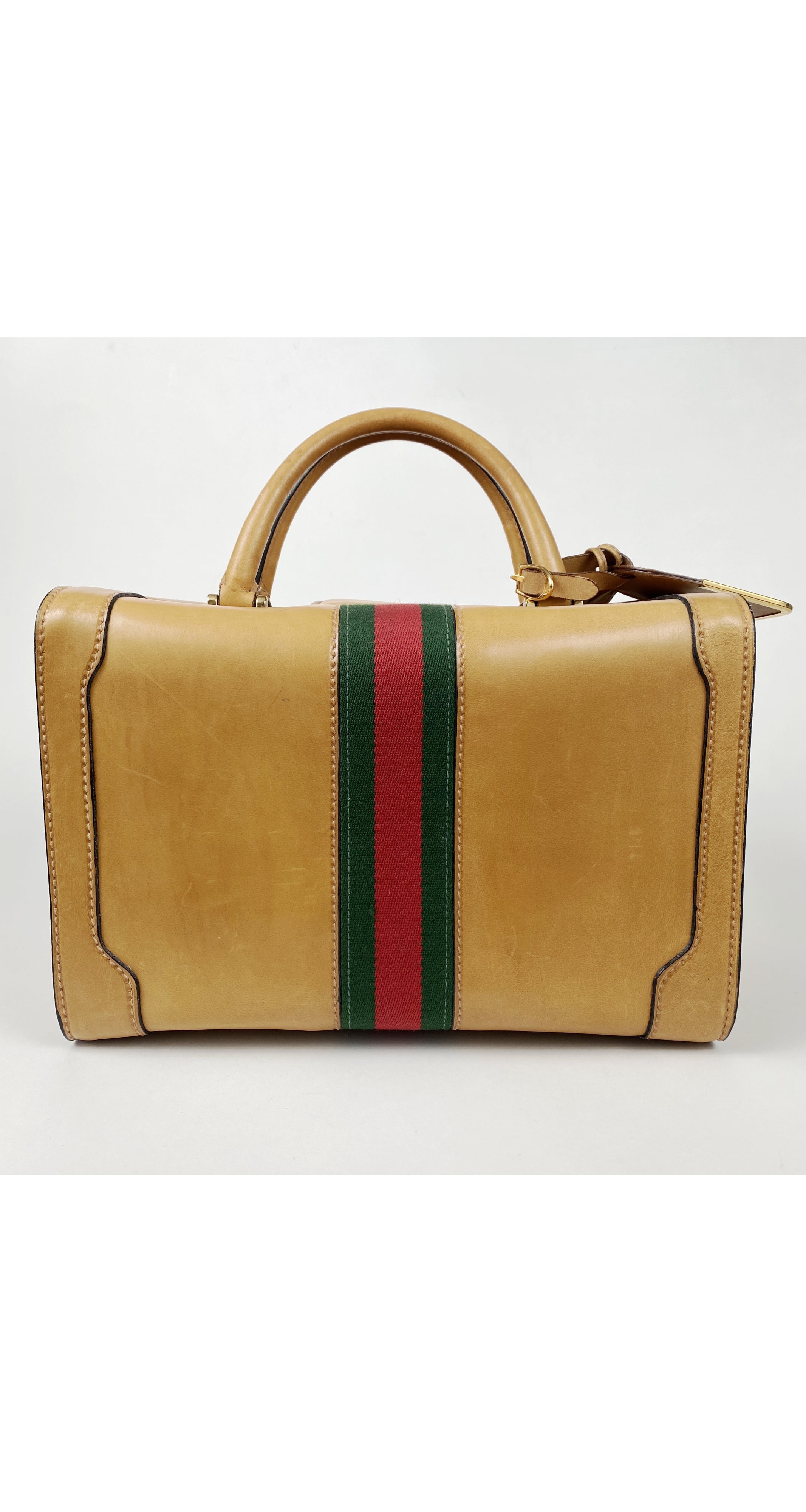 1970s Tan Leather Red & Green Stripe Travel Case