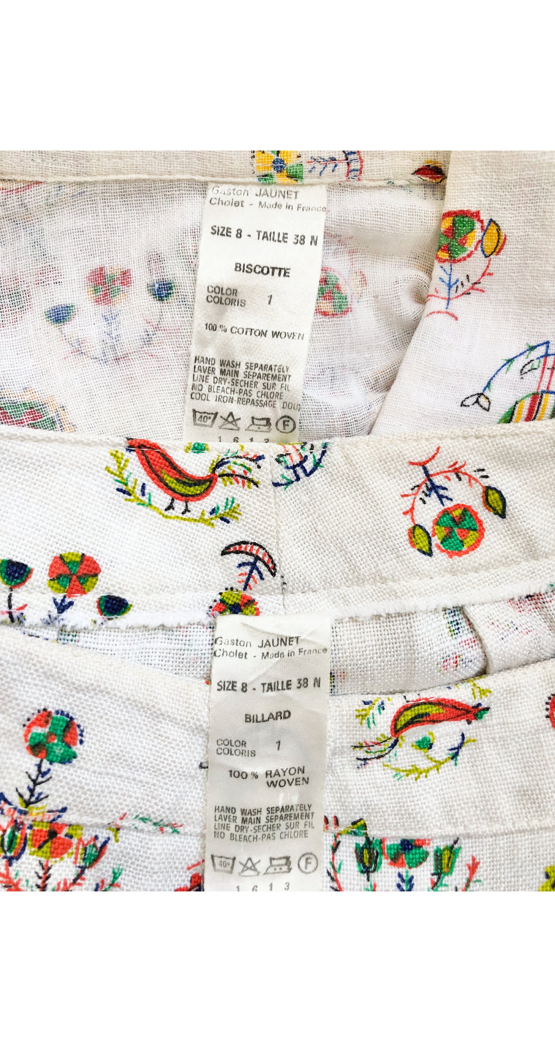 1970s Rooster Folk Art Novelty Print White Pant Set