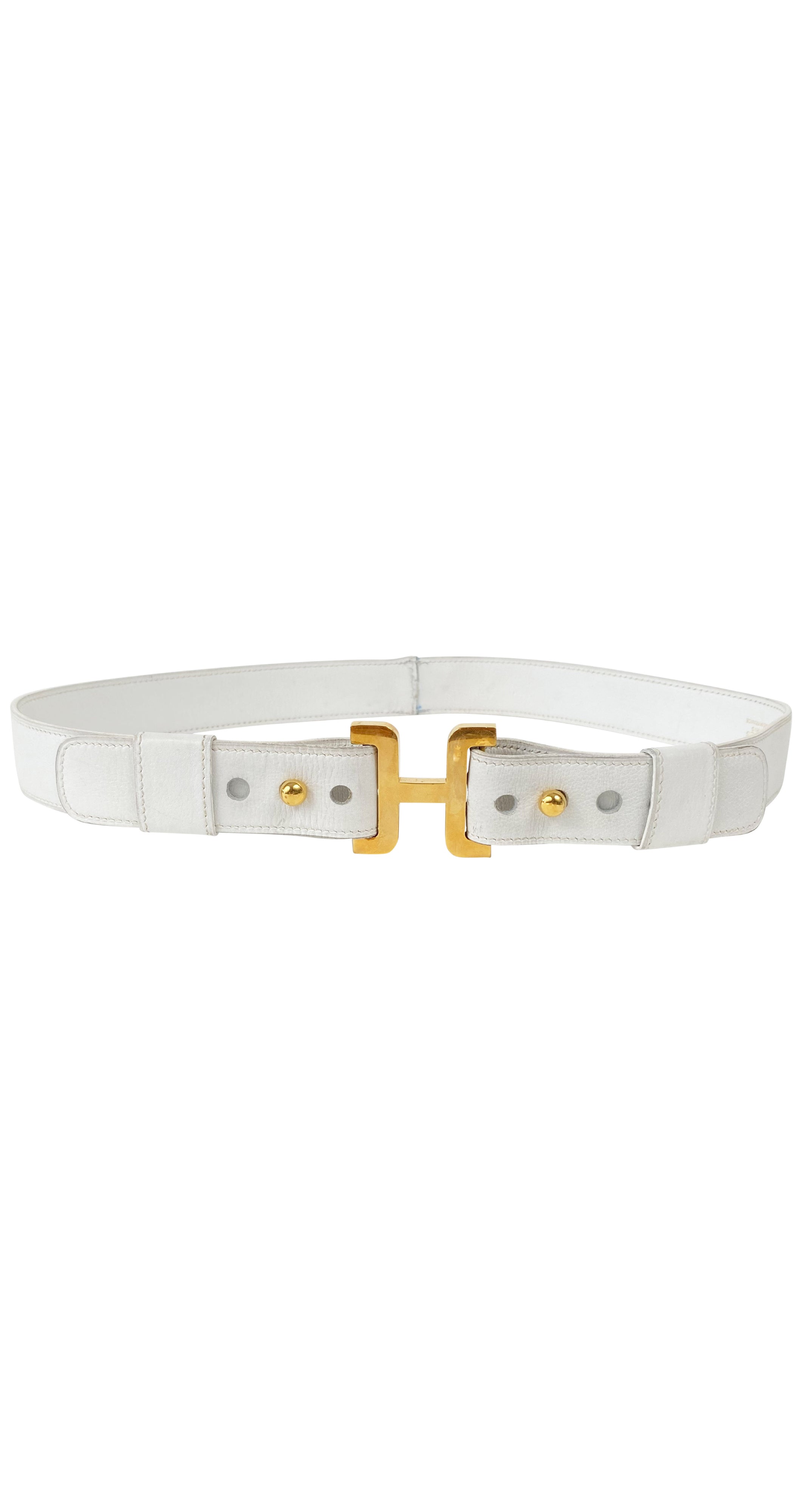 1970s "H" Gold Buckle White Leather Belt