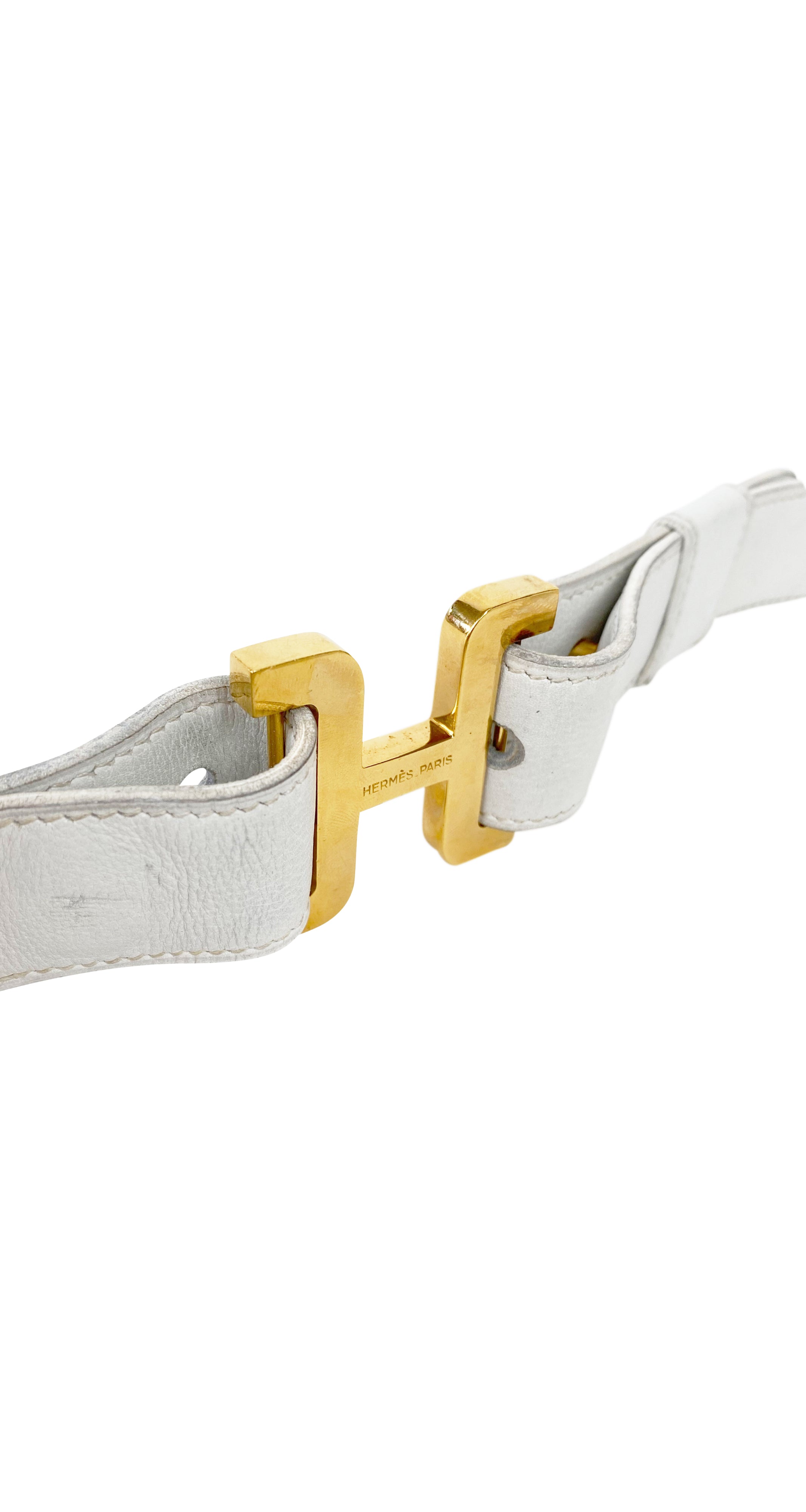 1970s "H" Gold Buckle White Leather Belt