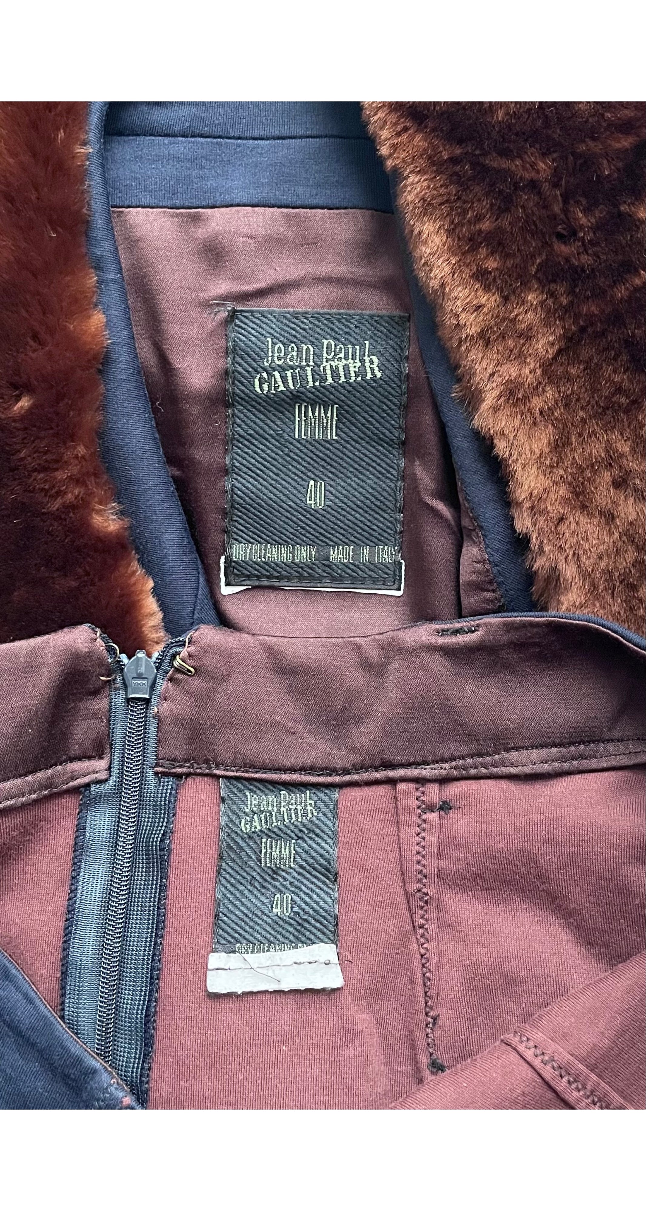 1980s Fur Collar Navy Cotton Jersey Skirt Suit