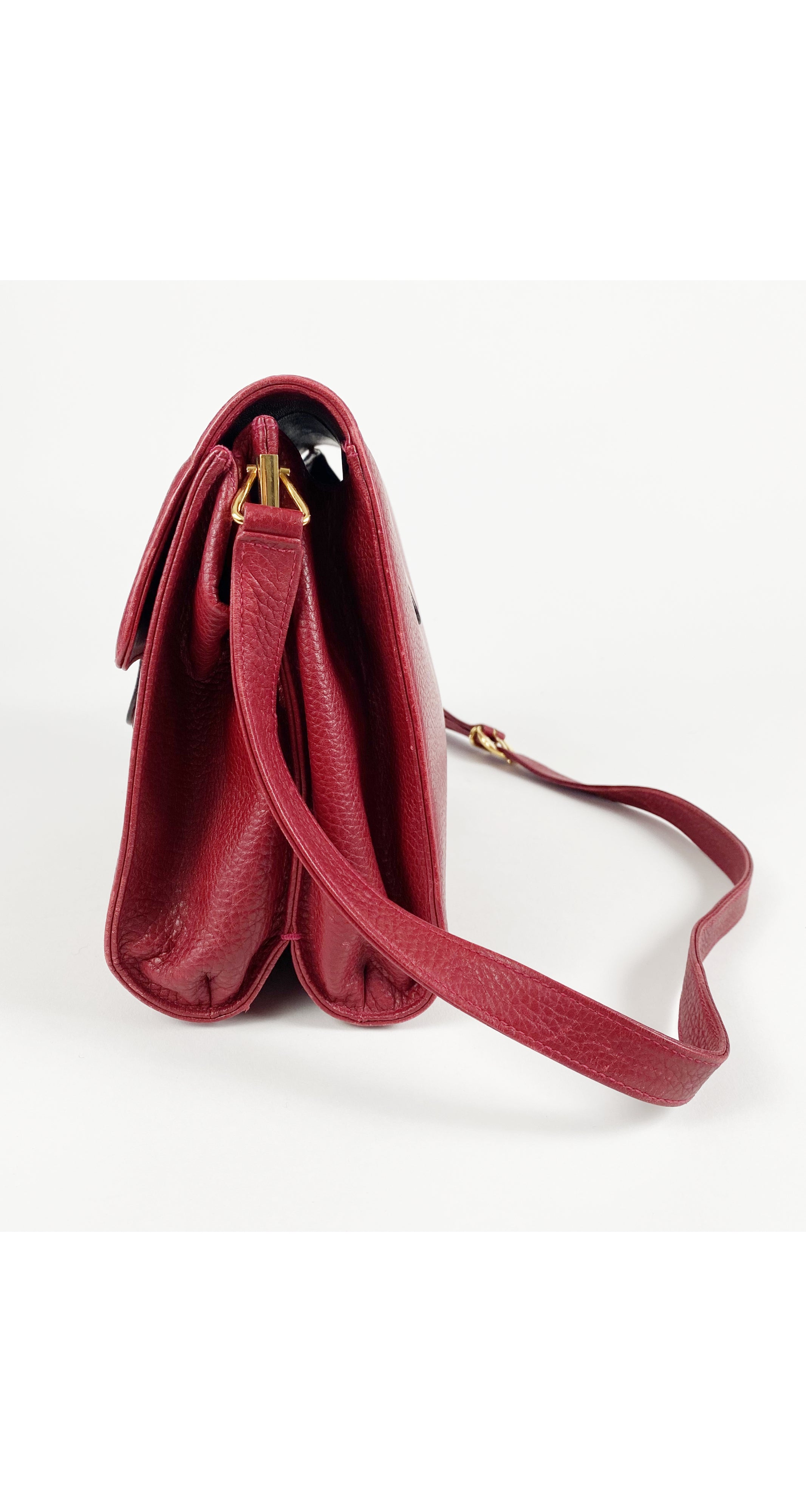 1990s Dark Red Leather Buckle Crossbody Bag