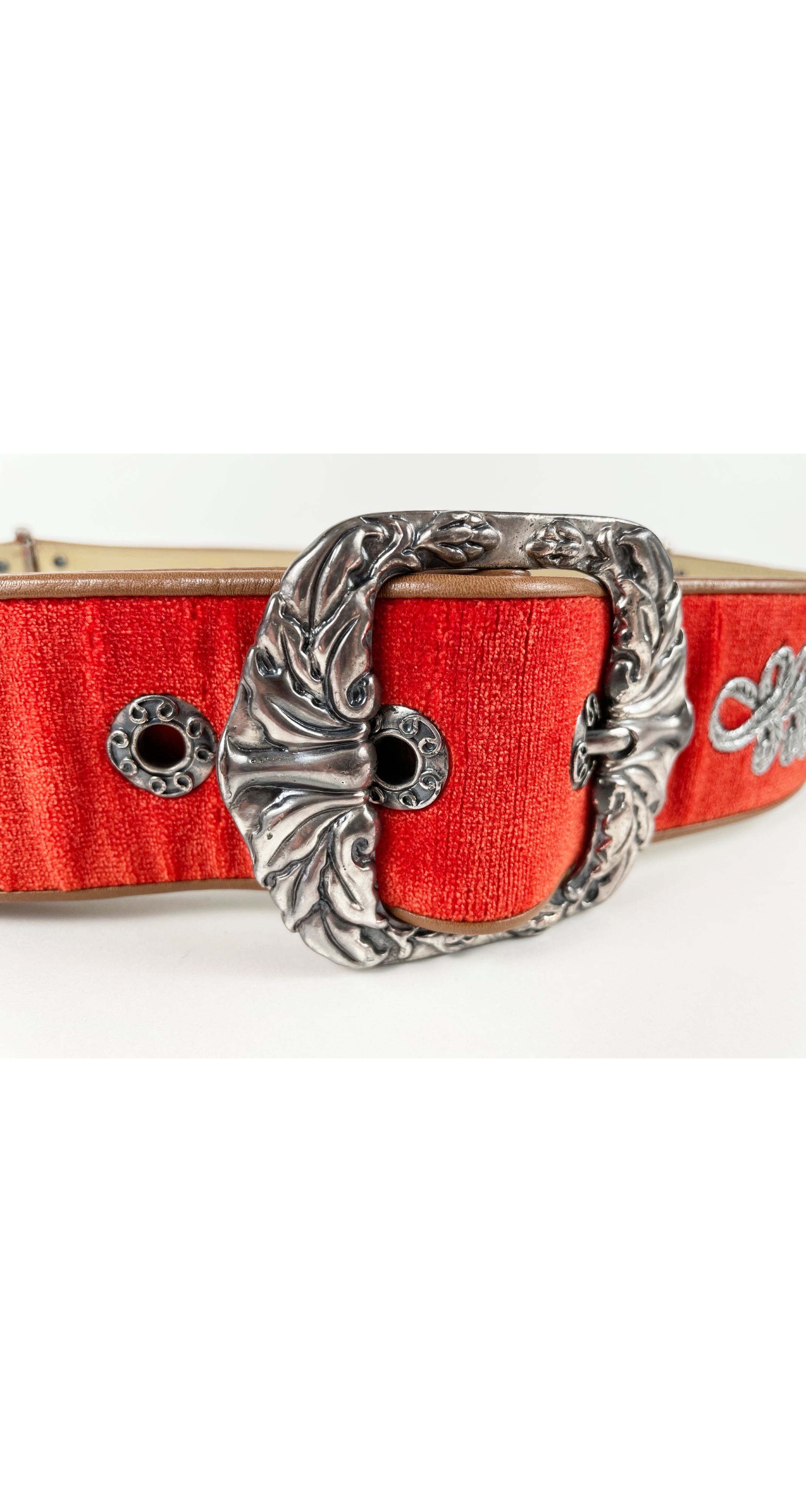 2006 S/S Runway Poppy Red Velvet Silver Buckle Waist Belt