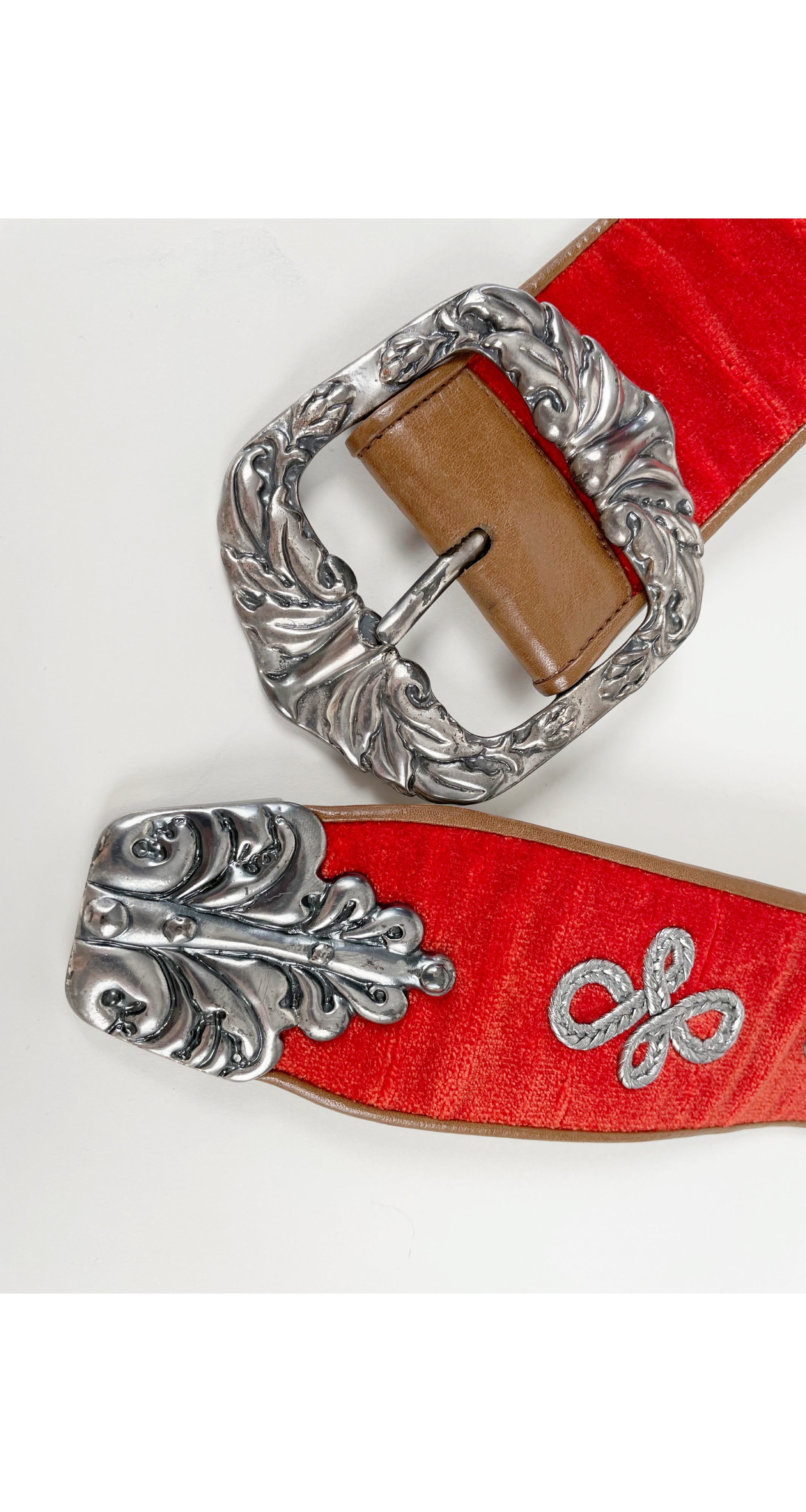 2006 S/S Runway Poppy Red Velvet Silver Buckle Waist Belt