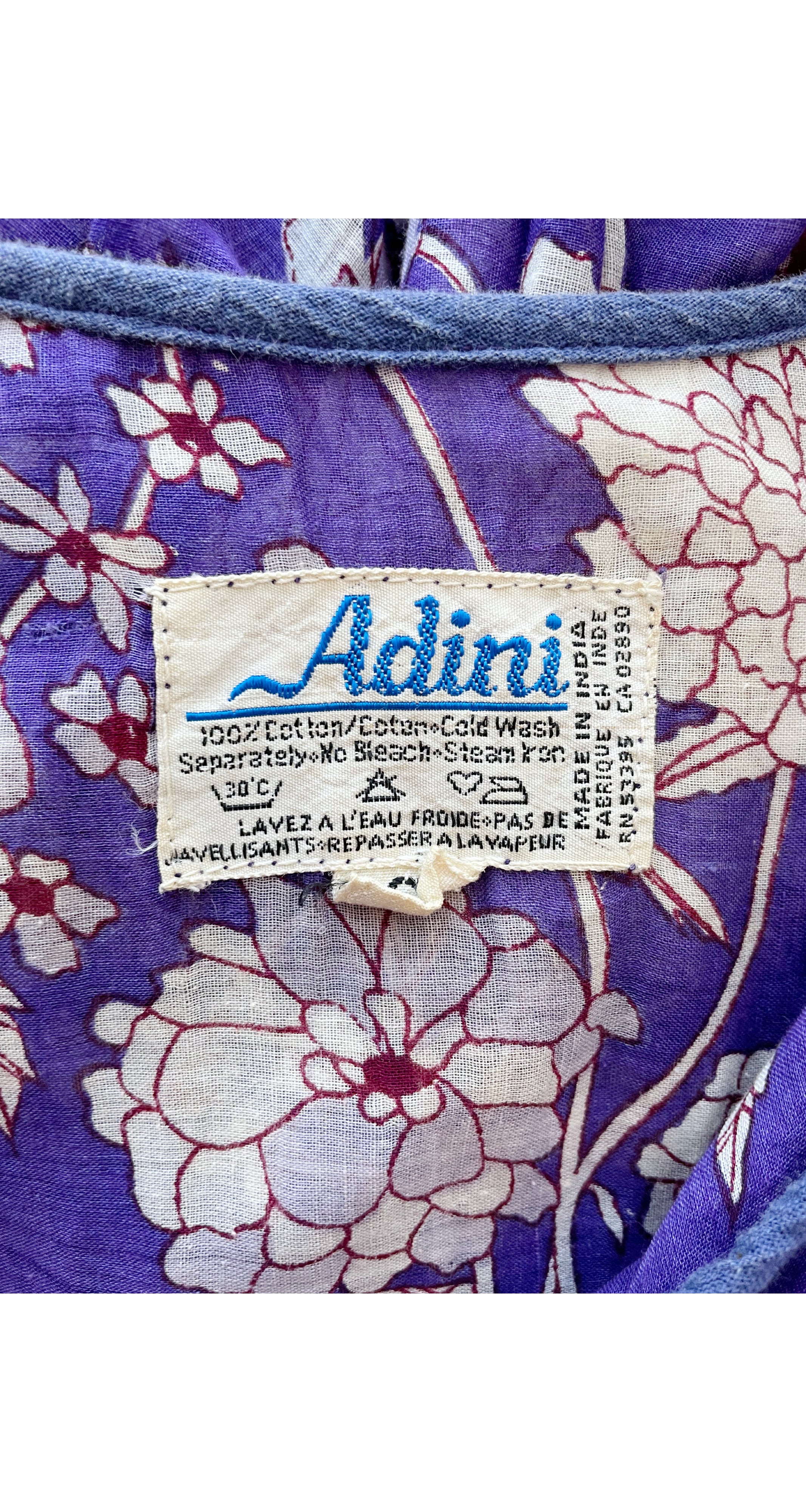 1970s Purple Floral Indian Cotton Balloon Sleeve Dress