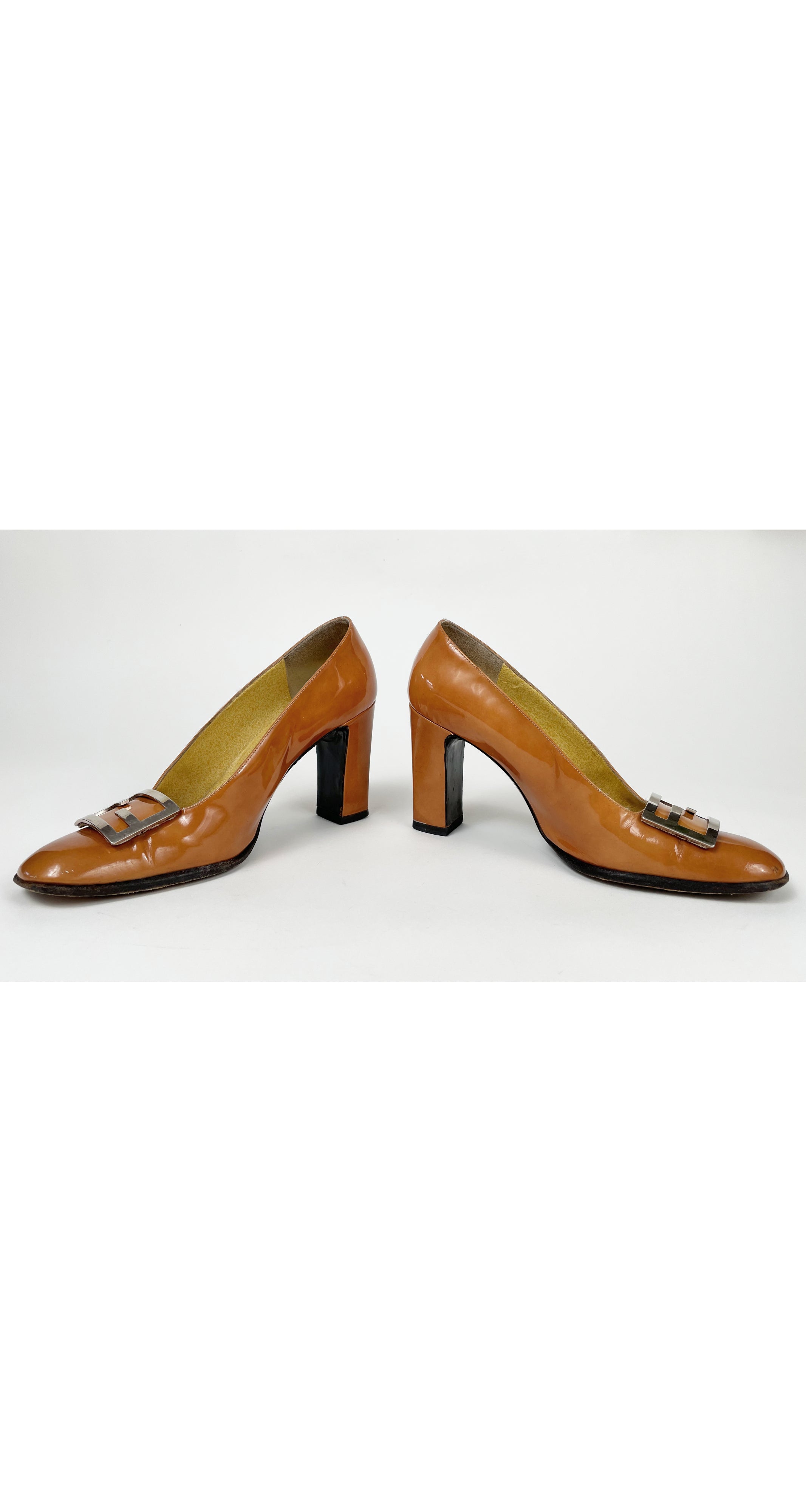 1990s FF Buckle Ochre Patent Leather Pumps