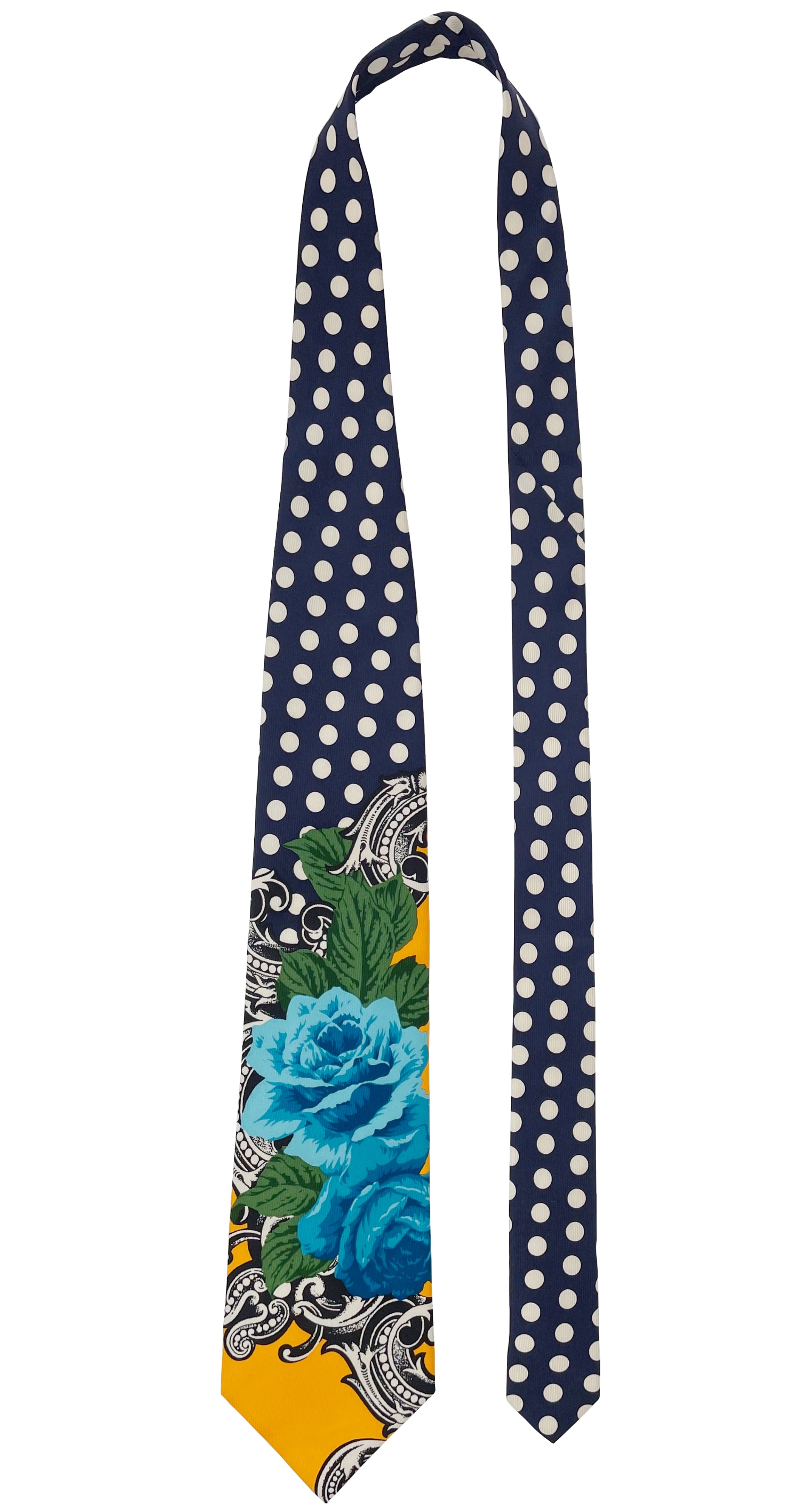 1990s Blue Rose Polka Dot Silk Necktie