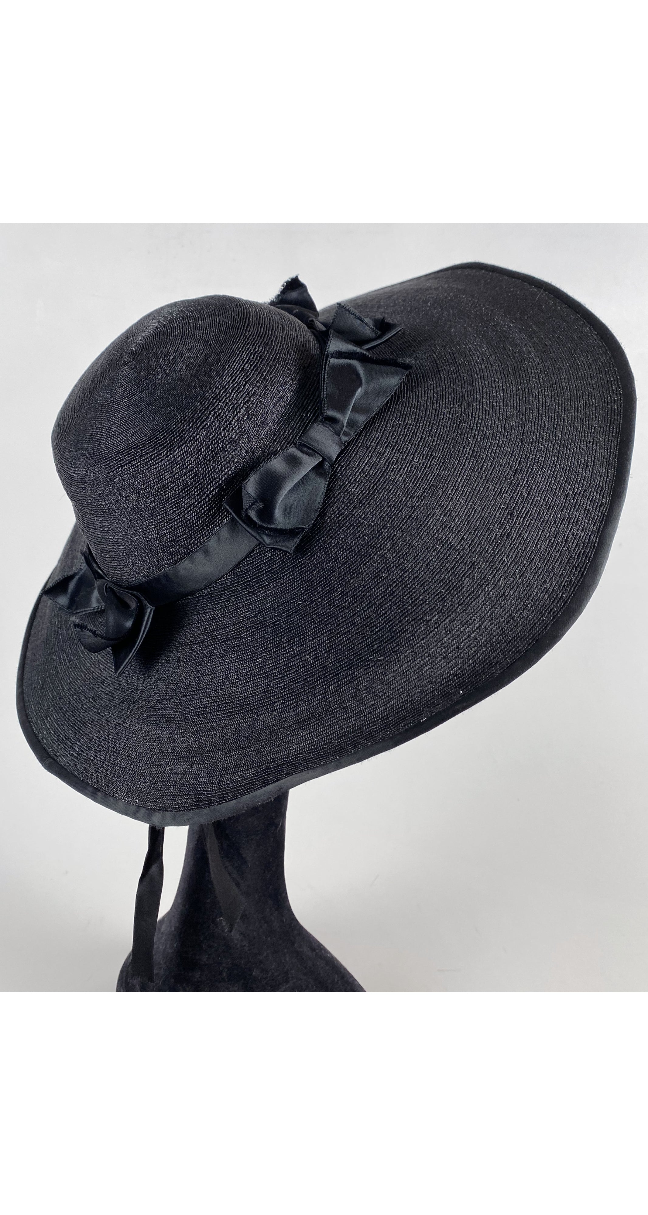 1930s Black Silk Bow & Straw Wide-Brim Hat